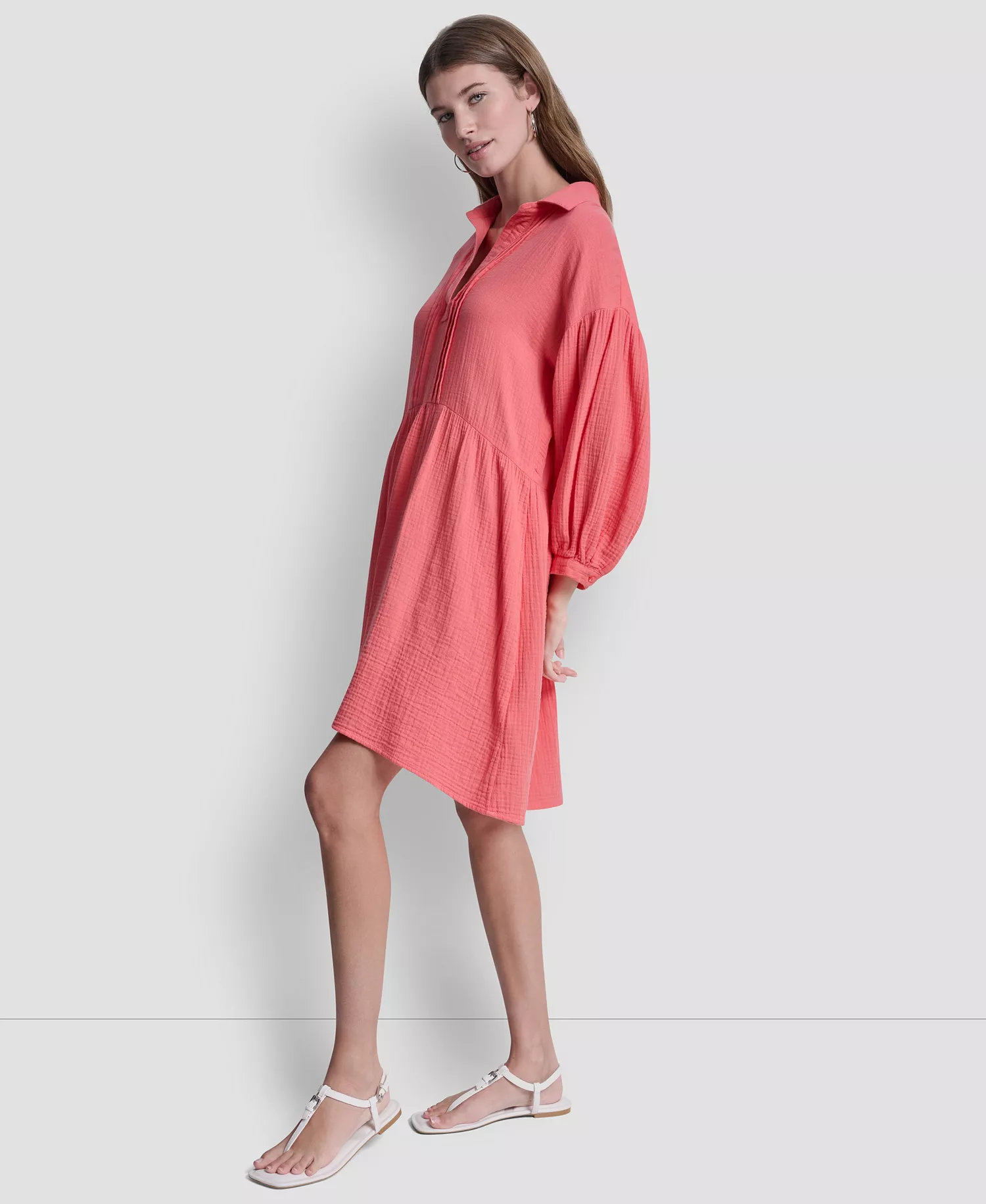 Women's Henley Pleated Tiered Dress - Sunkissed - L