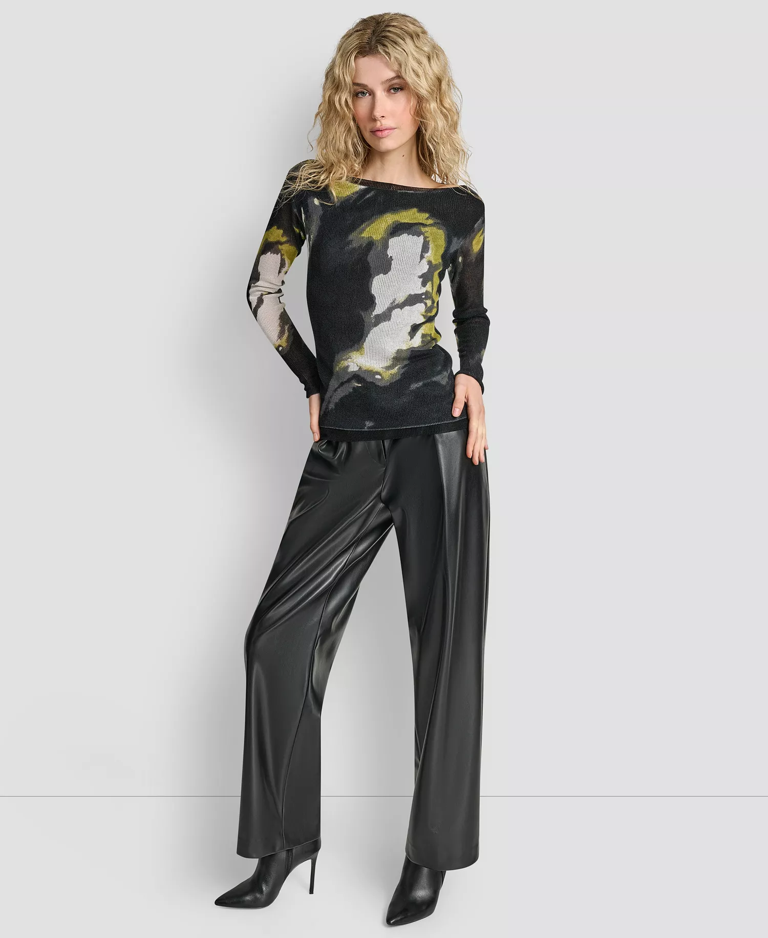 Women's Printed Double Layer Long Sleeves Sweater - Marbled Citronella - XS