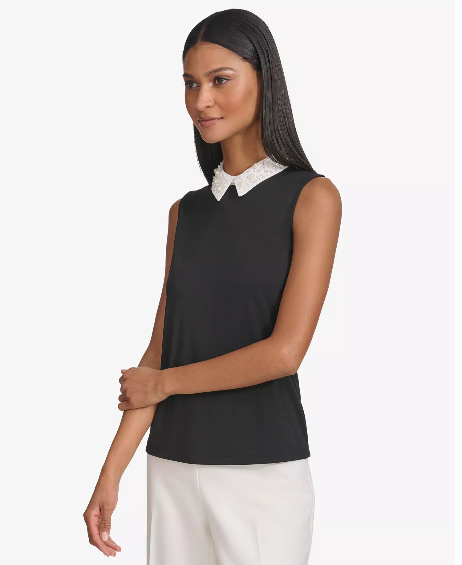 Women's Embellished Collar Sleeveless Blouse - Blk/sft Wt - L