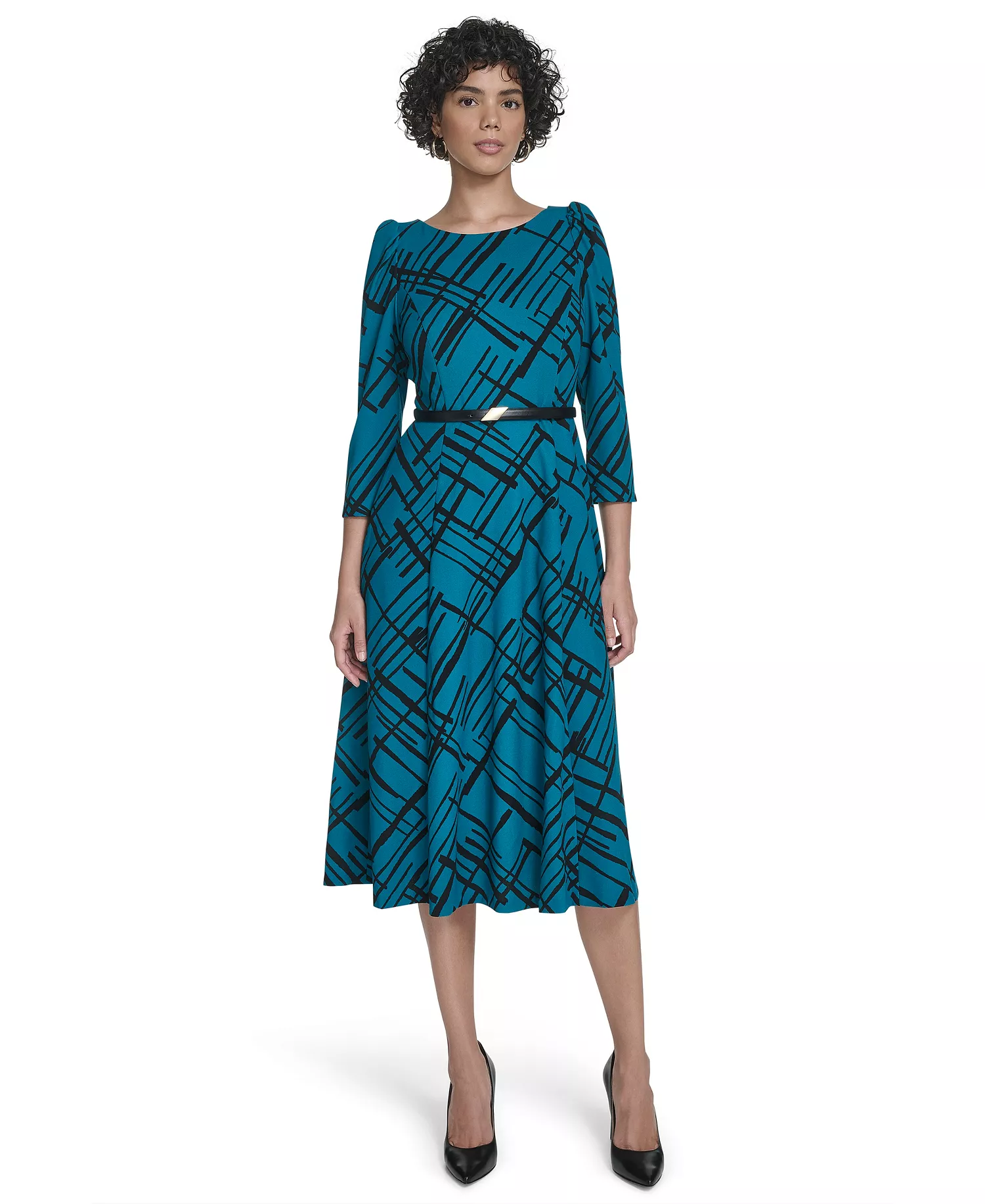 Women's Belted Plaid Midi Dress - EMERALD/BLACK - 14