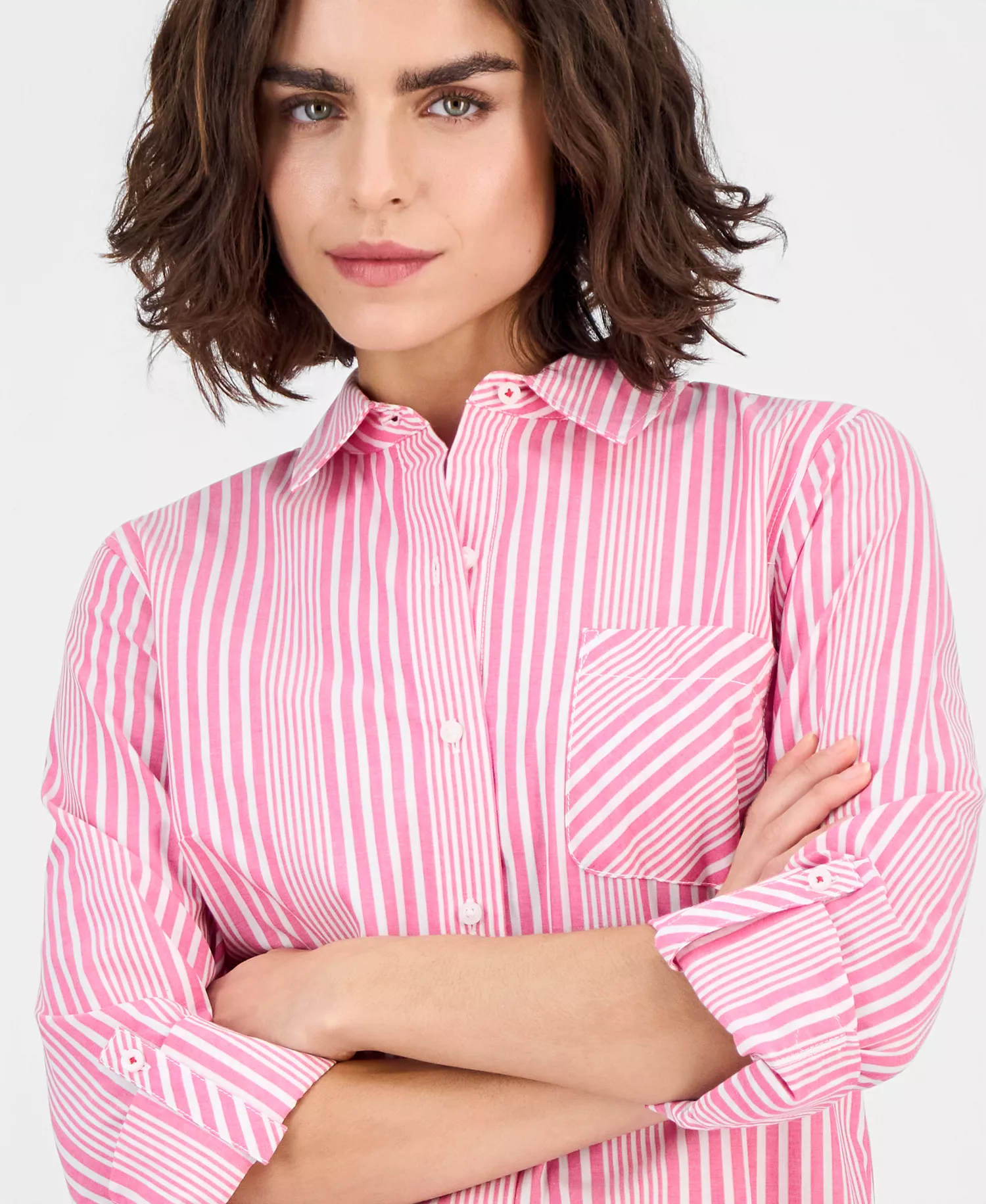 Nautica Women's Springfield Stripe Roll-Tab Shirt - Aster Pink Multi - L