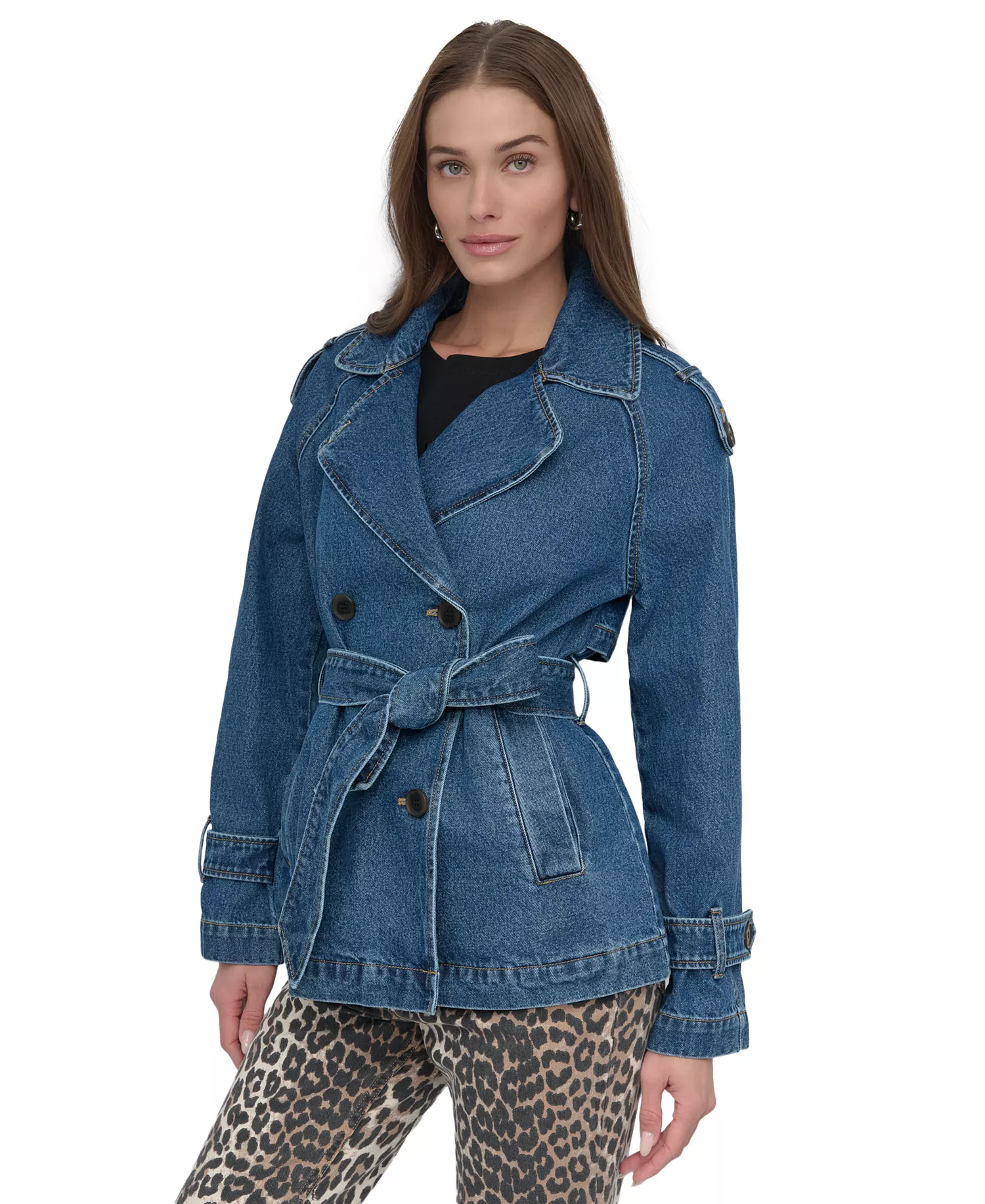 Women's Short Belted Double-Breasted Trench Coat - Washed Denim - L