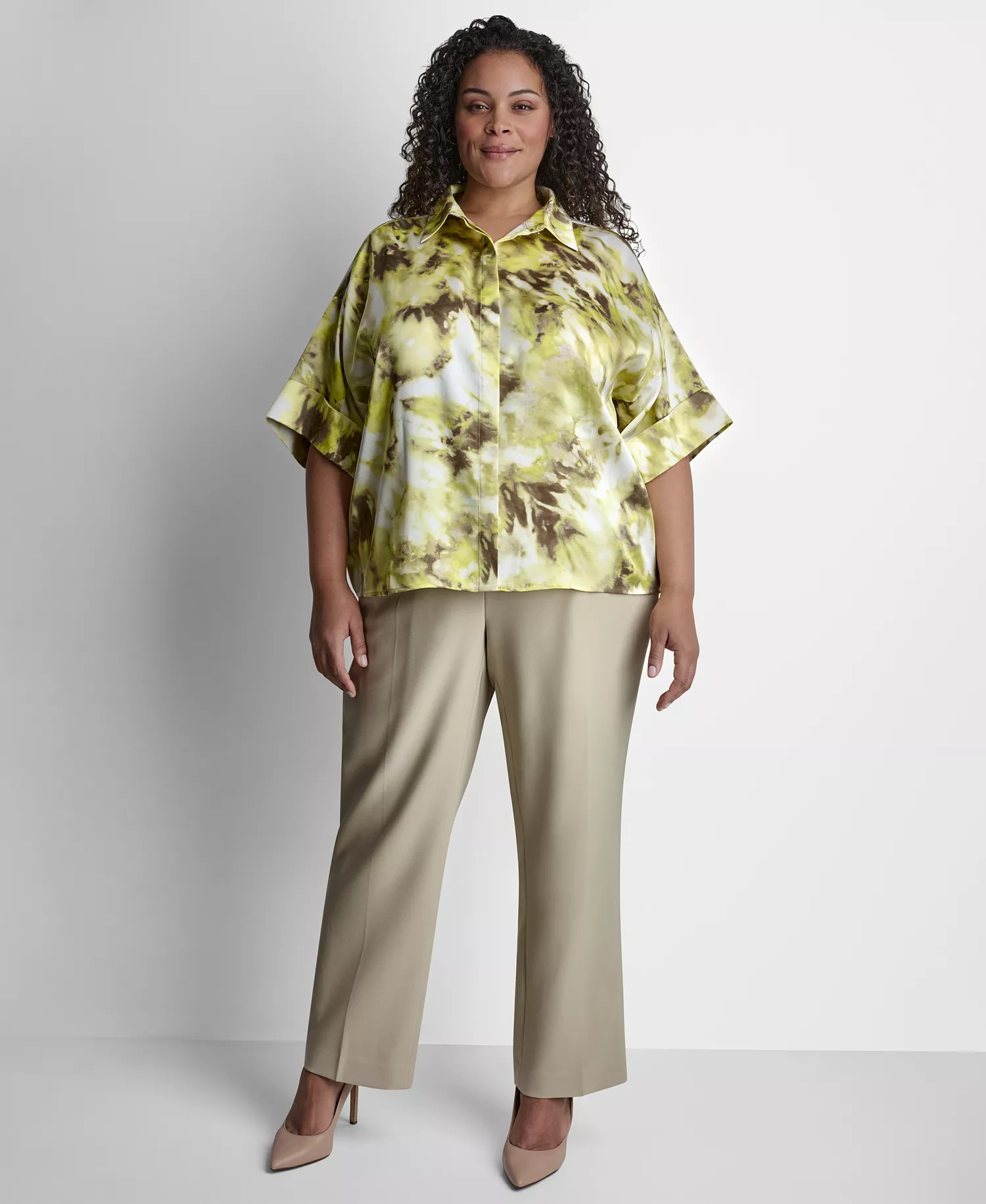Plus Size Collared Neck Satin Top - Sage/Lime Green - 1X