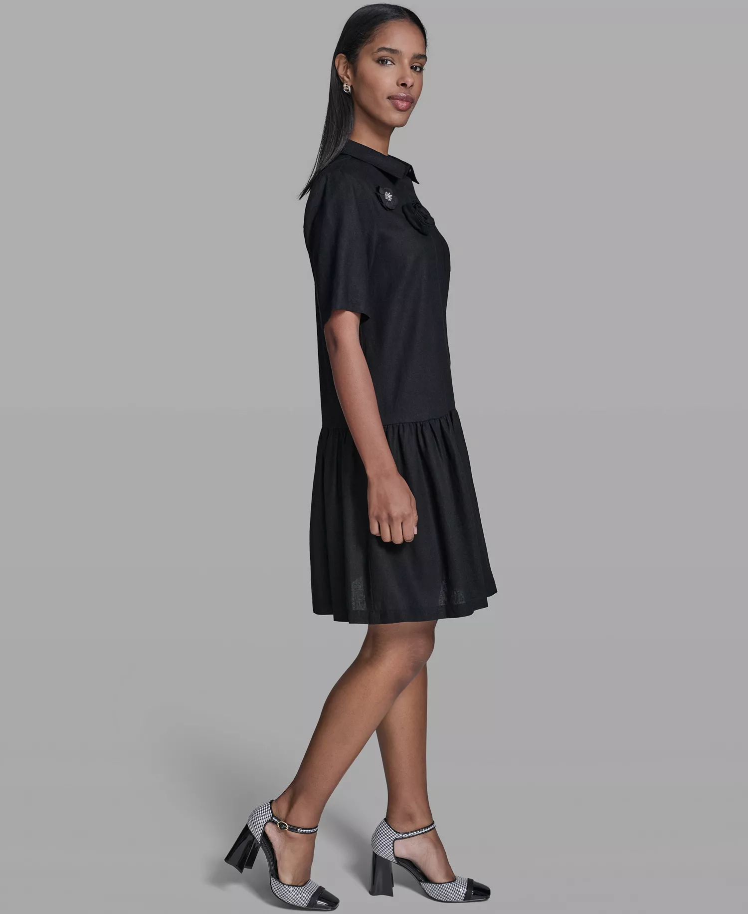 Women's Drop Waist Collared Shirt Dress - Black - 0