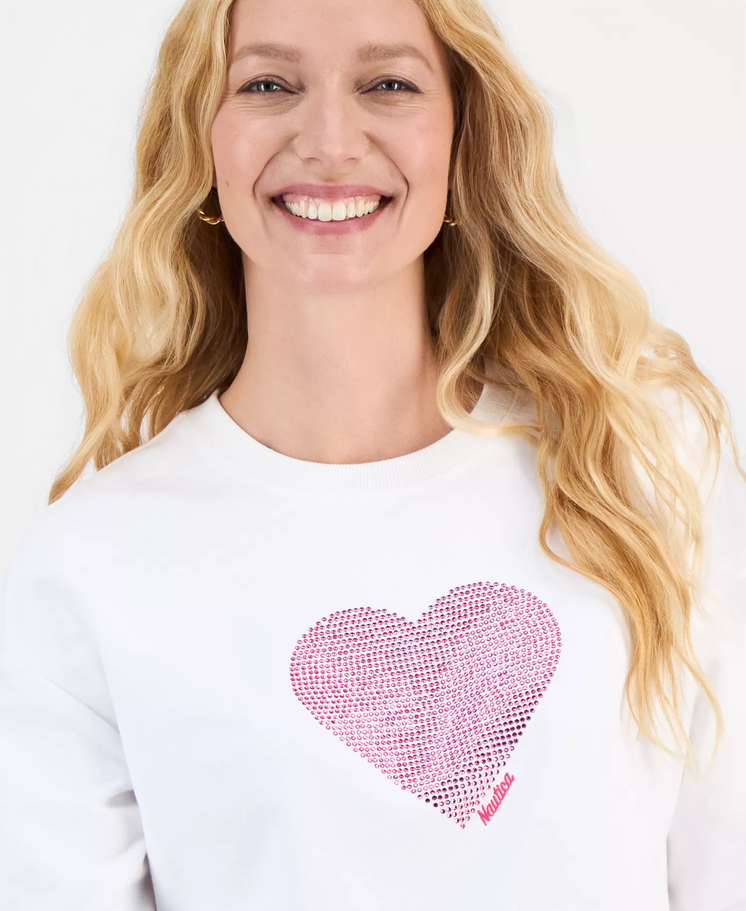 Nautica Women's Embellished Heart Graphic Sweatshirt  - Bright White - L