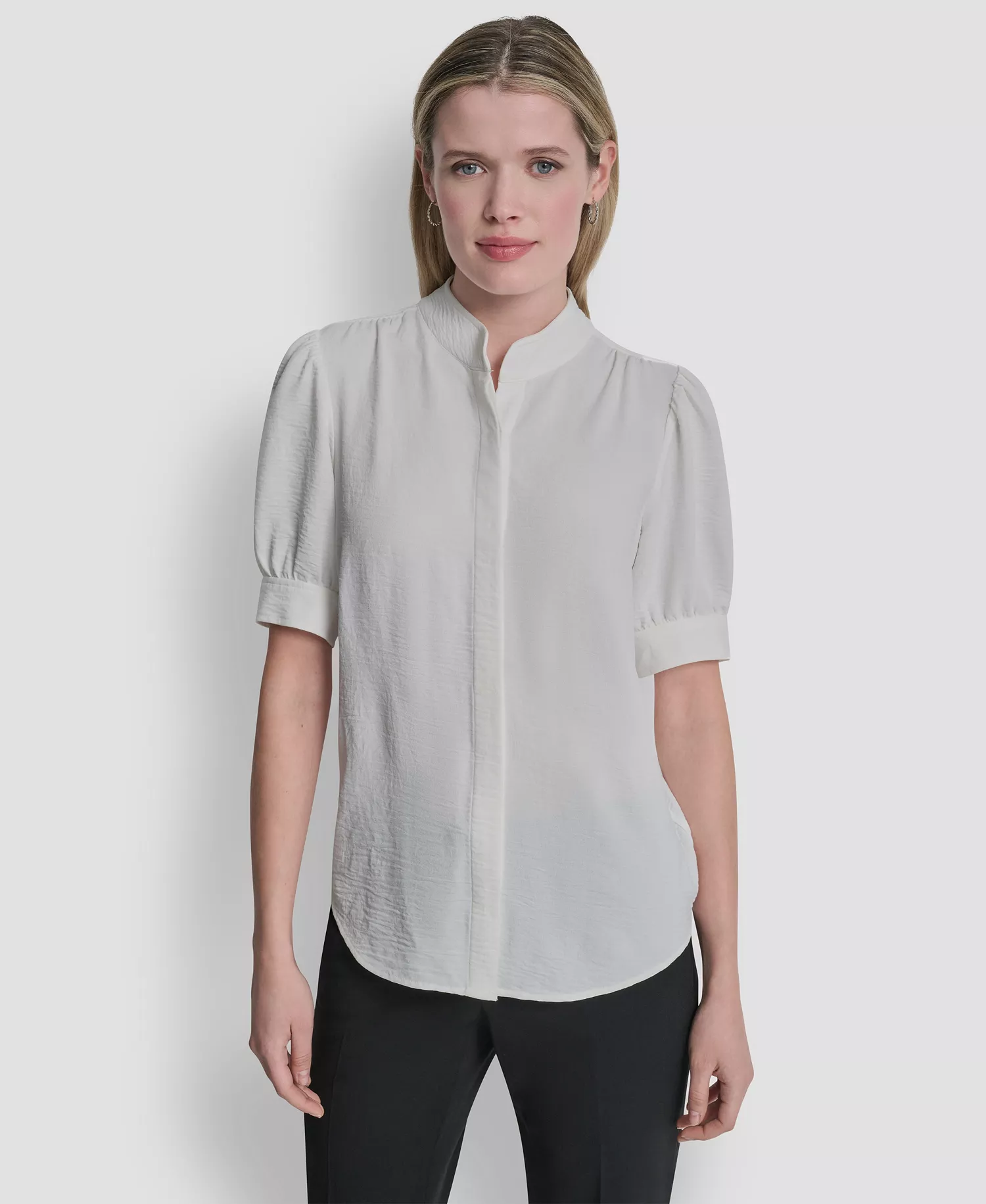 Women's Bell-sleeve Mandarin Collar Textured Blouse - Ivory - L