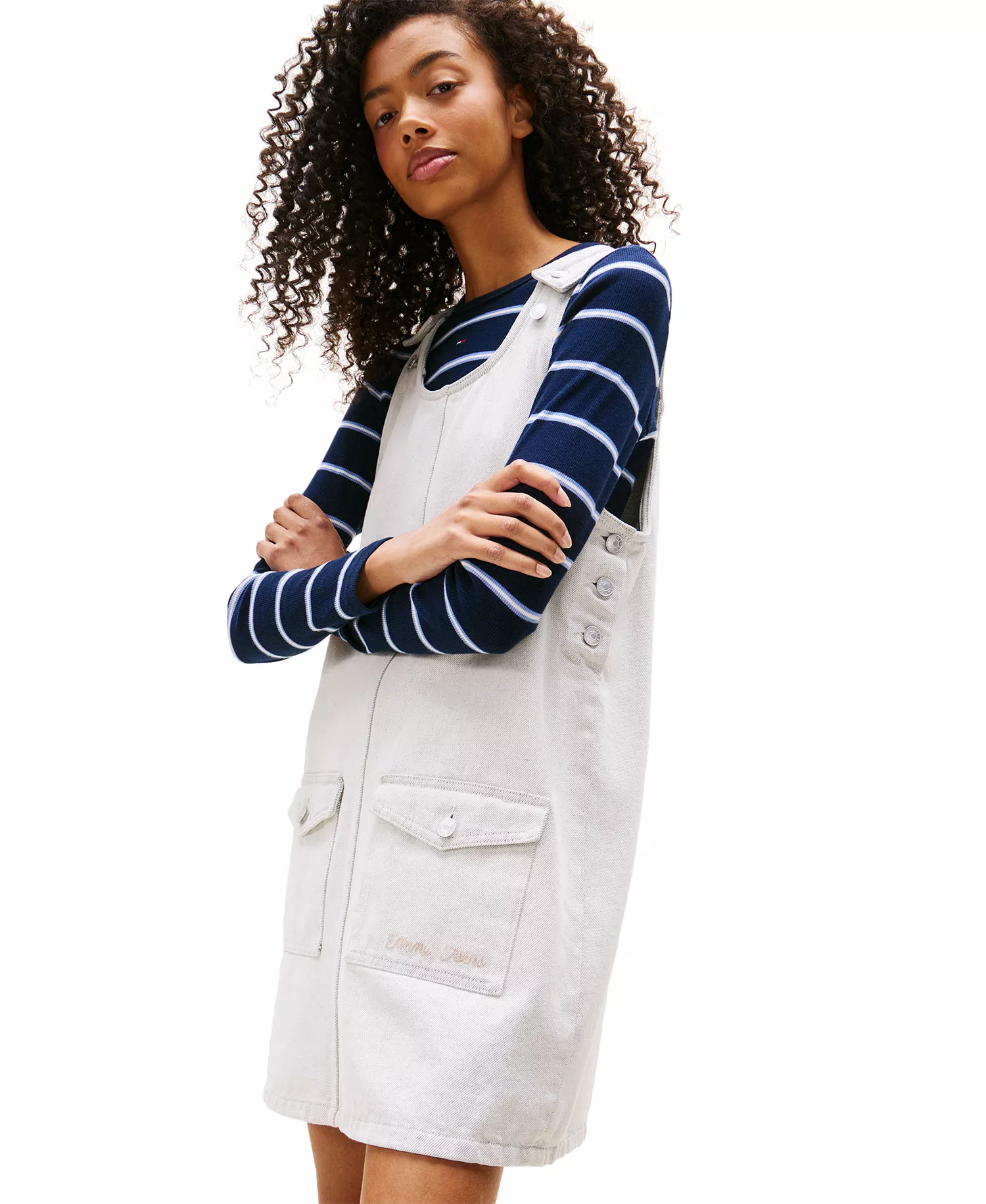 Women's Scoop-Neck Sleeveless Pinafore Dress  - Denim White 01 - L