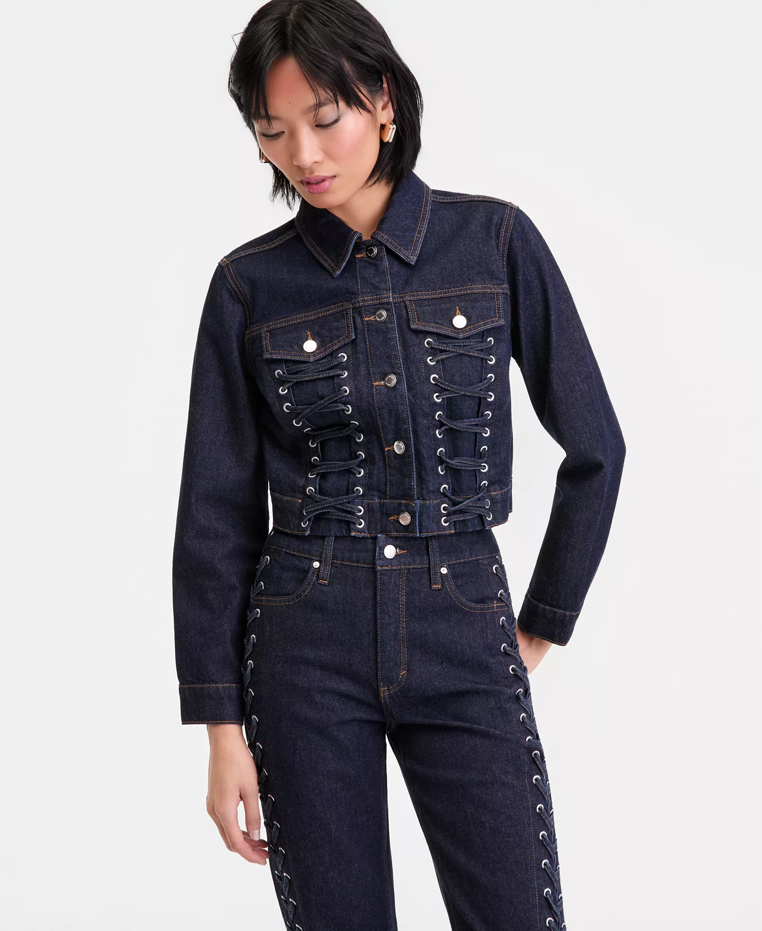 Women's Cropped Lace-Up Denim Jacket, Macy's Exclusive - Hudson Wash - L