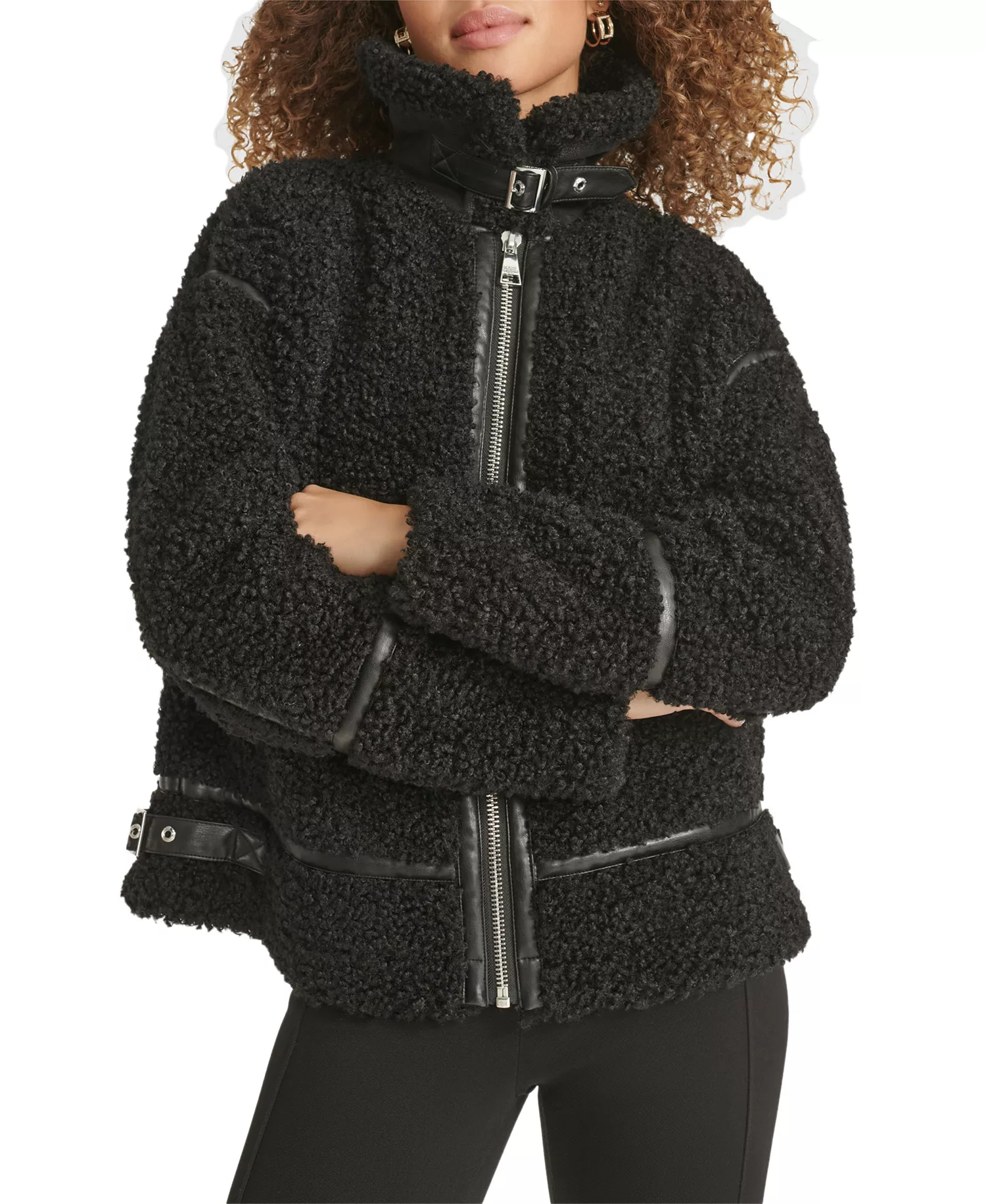 Women's Faux-Leather-Trim Teddy Moto Coat - Black - L