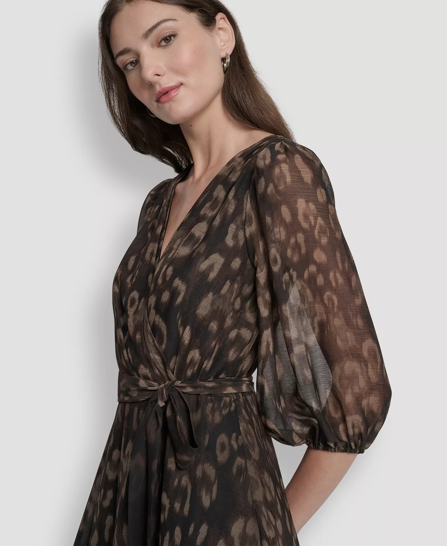 Women's Balloon Sleeve Faux Wrap Midi Dress - Chocolate/Black - 2