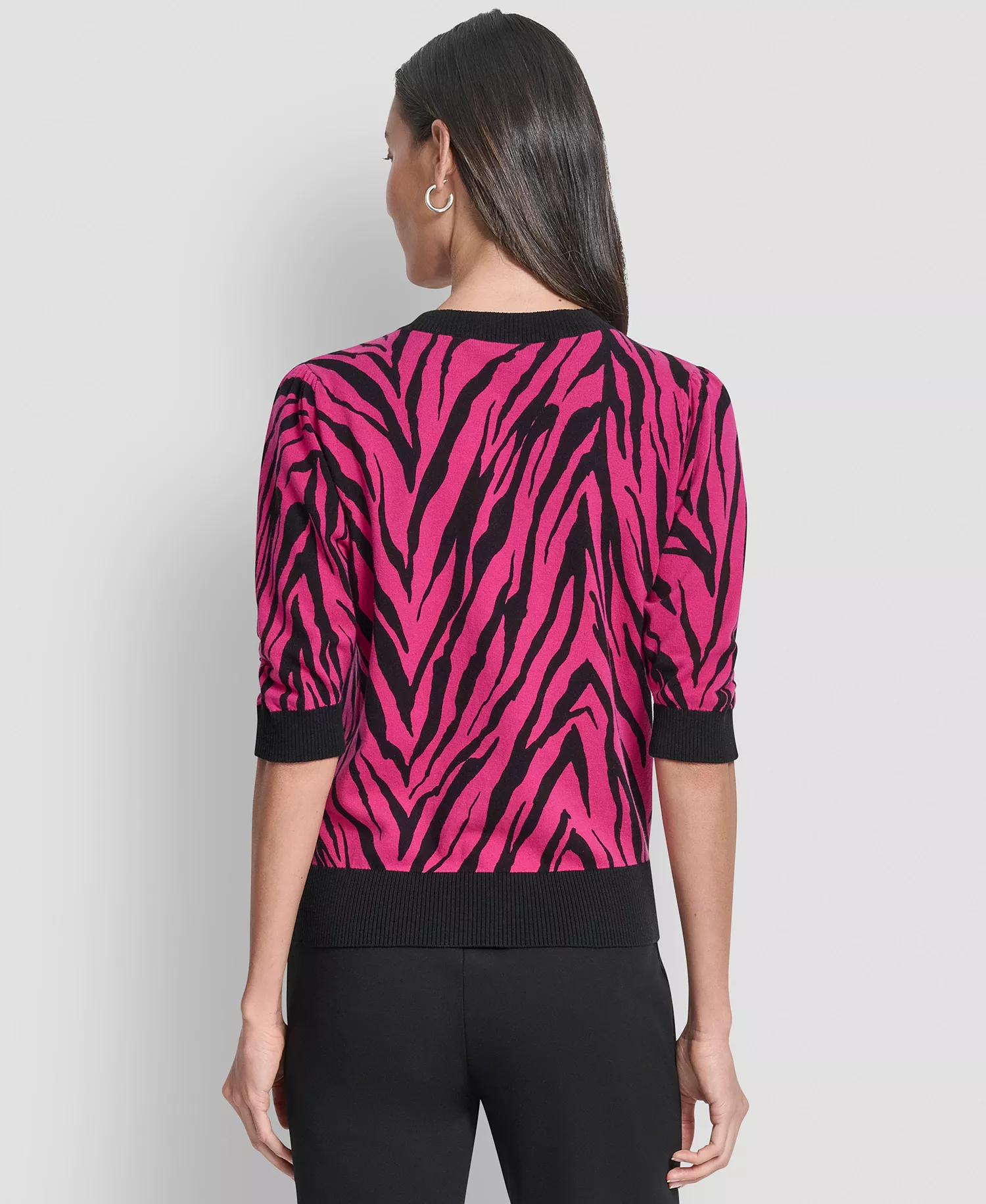 Women's Zebra Print Crew Neck Sweater - Fuchsia/black - L