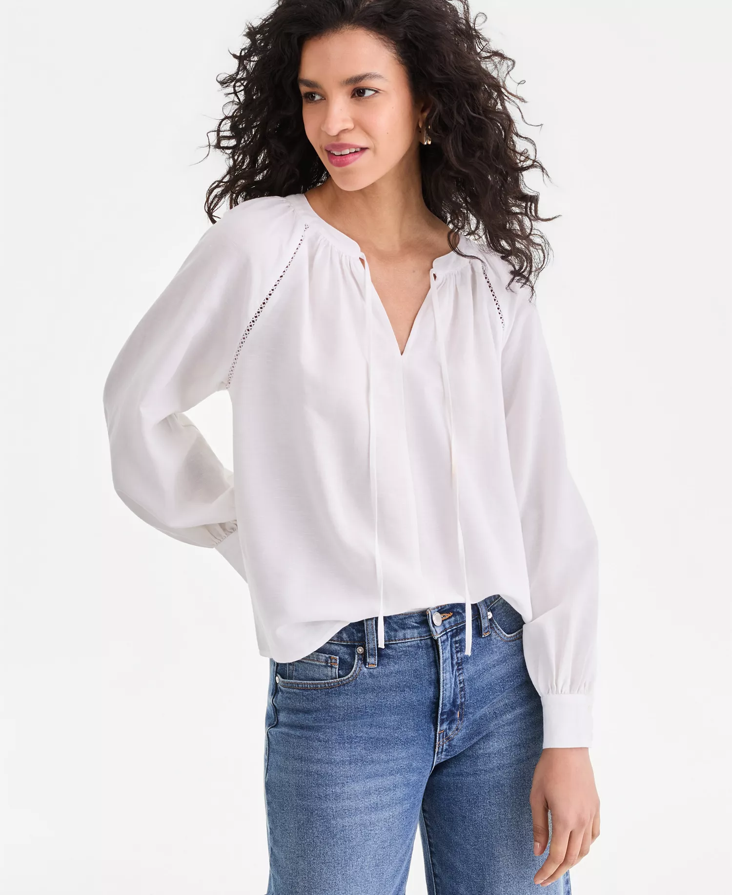 Women's Long Sleeve Linen-Blend Blouse, Macy's Exclusive - Bright White - L