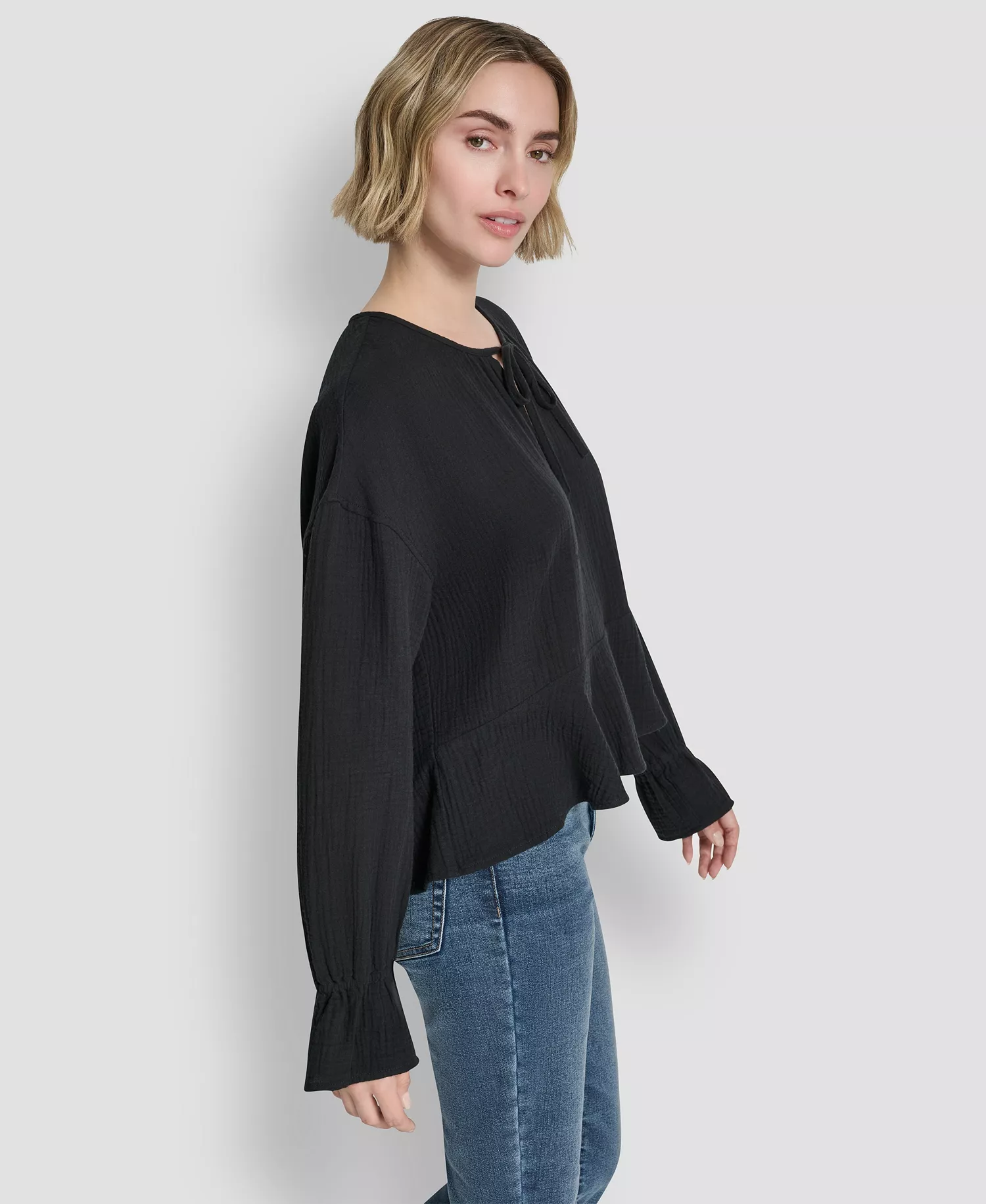 Women's Long-Sleeve Double Crepe Gauze Tie Neck Crop Top - Black - L