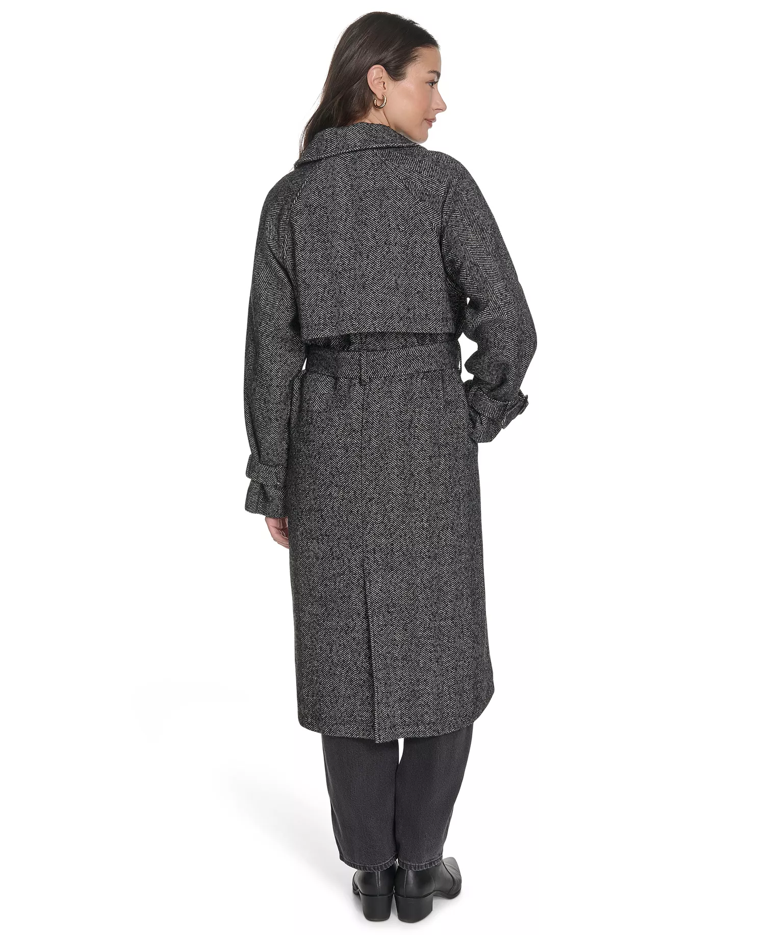 Women's Single Breasted Trench Jacket - Black/White Houndstooth - L