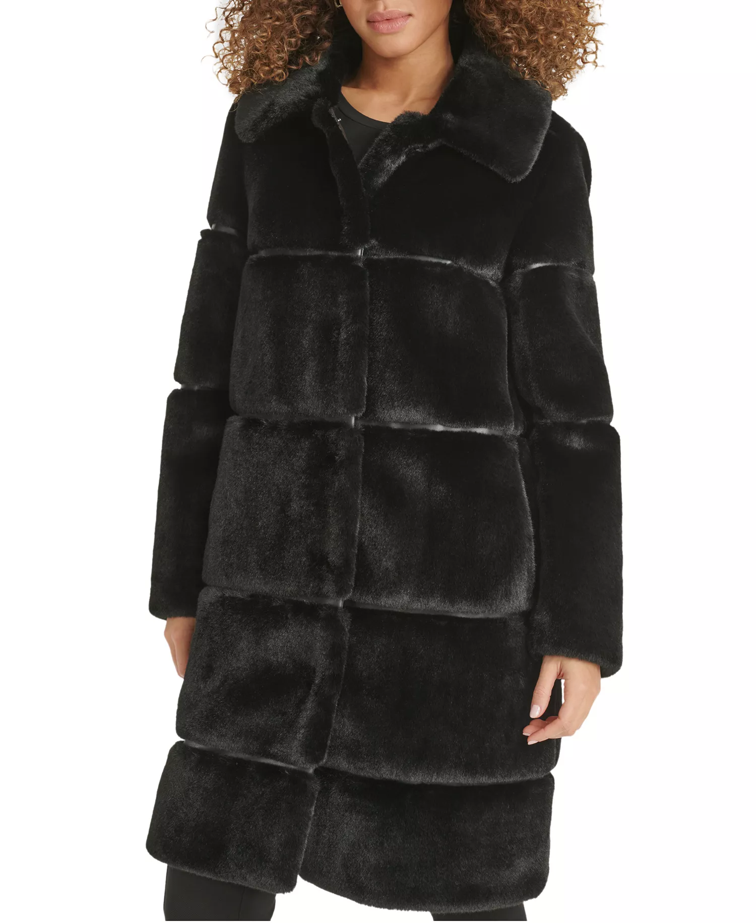 Women's Faux-Leather Trim Faux-Fur Coat - Black - L