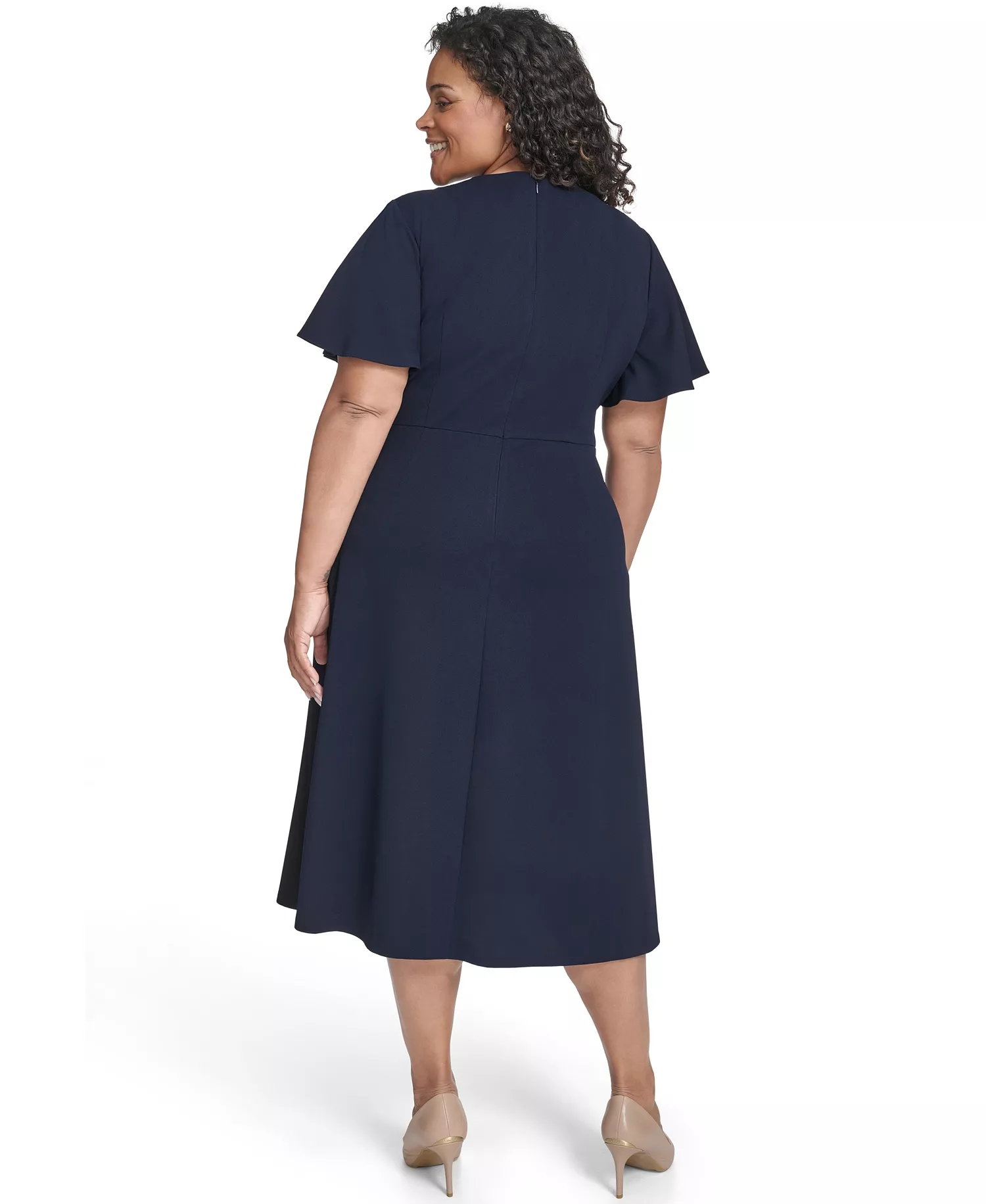 Plus Size Flutter Sleeve Round Neck Midi Dress - Indigo - 14W