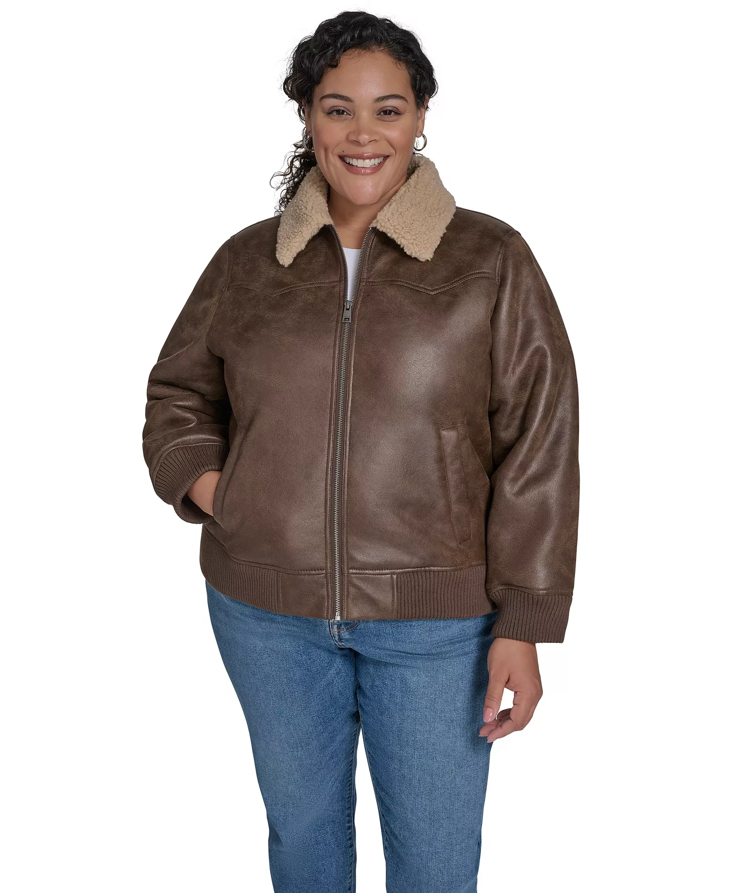 Plus Size Long Sleeves Western Bomber Jacket - Coffee - 1X