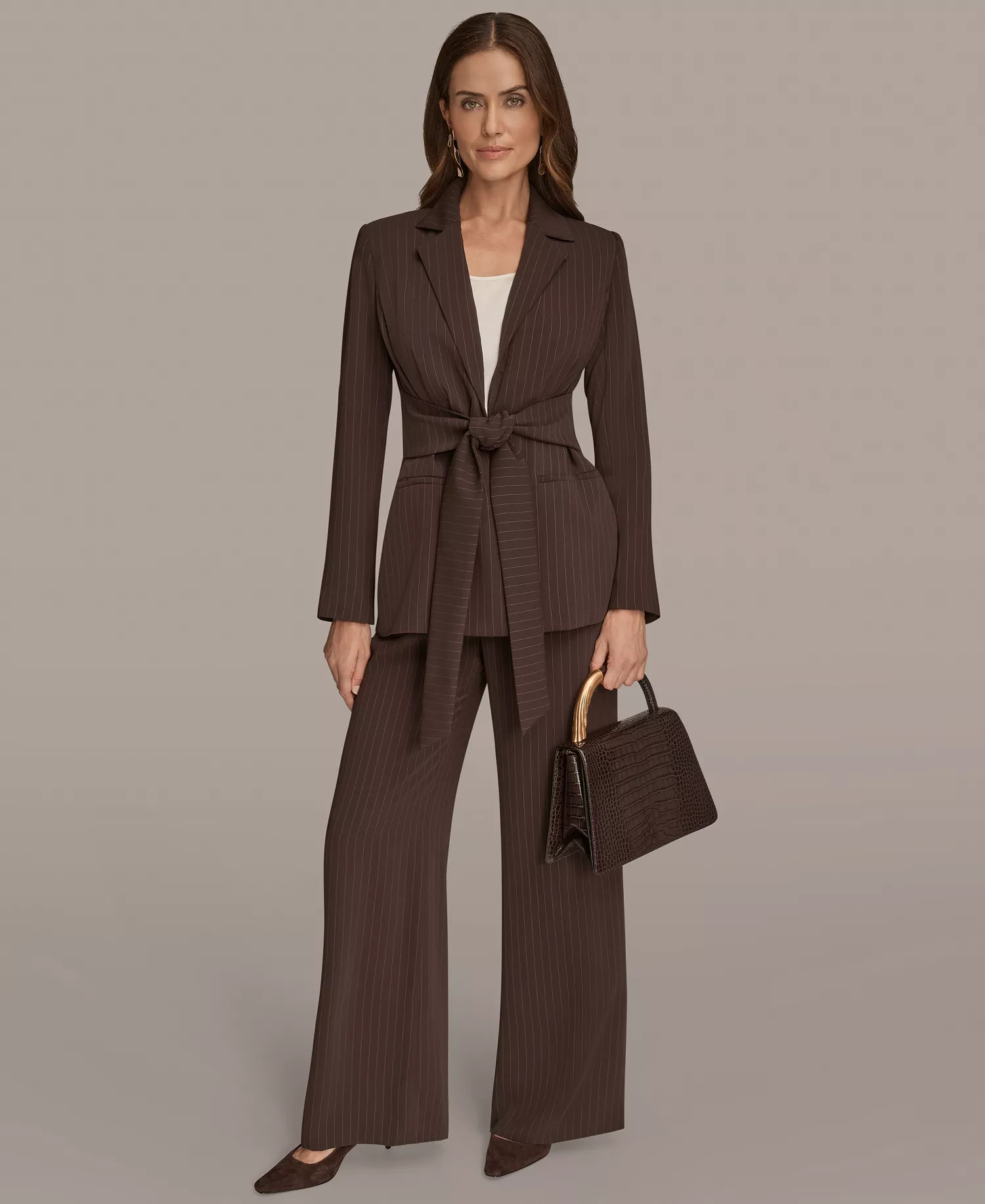 Women's Notch Lapel Collar Pinstripe Tie-Waist Jacket - Chocolate Plum/Nolita - 12