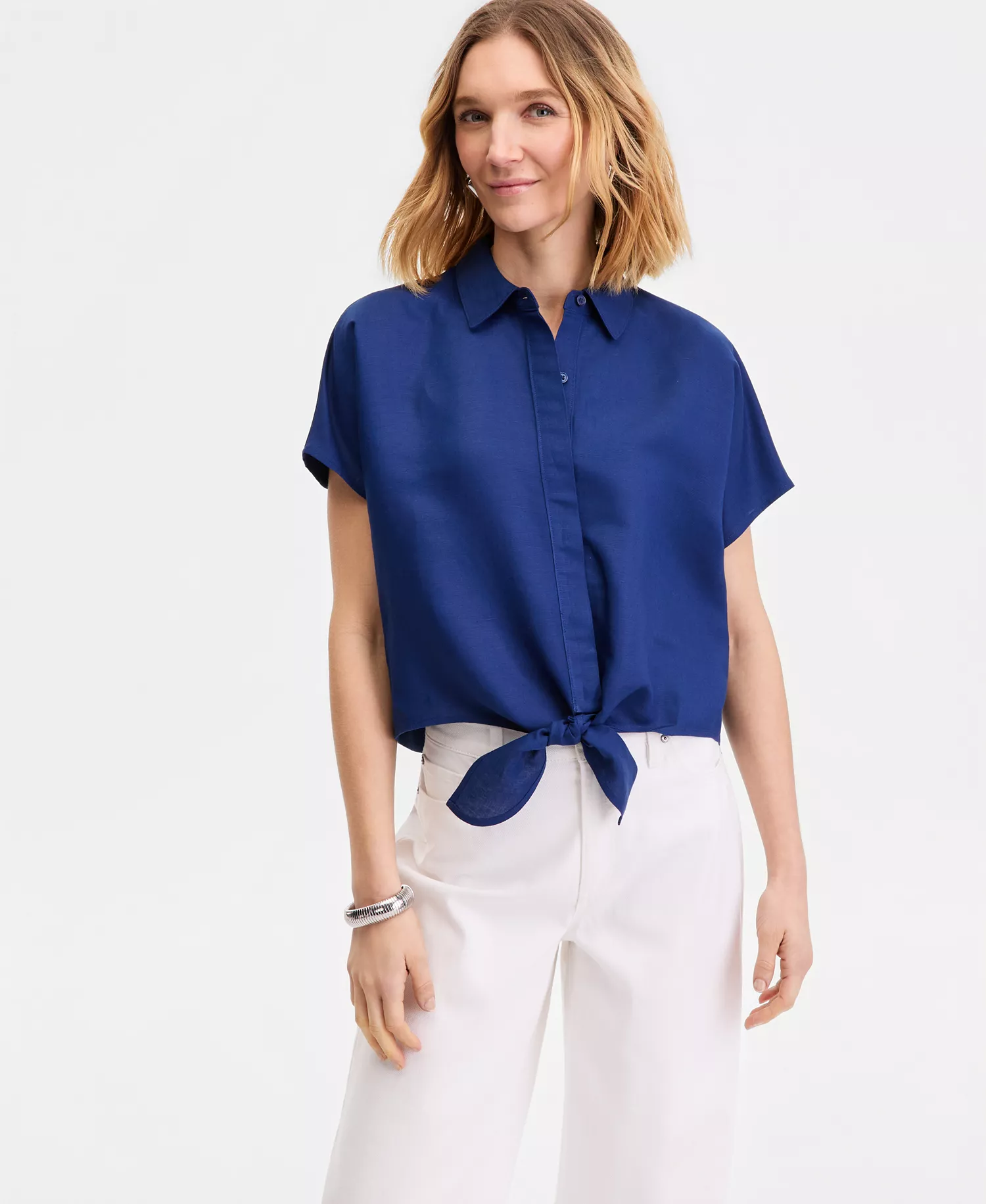 Women's Linen-Blend Tie-Front Blouse, Exclusively at Macy's - Blazing Navy - L