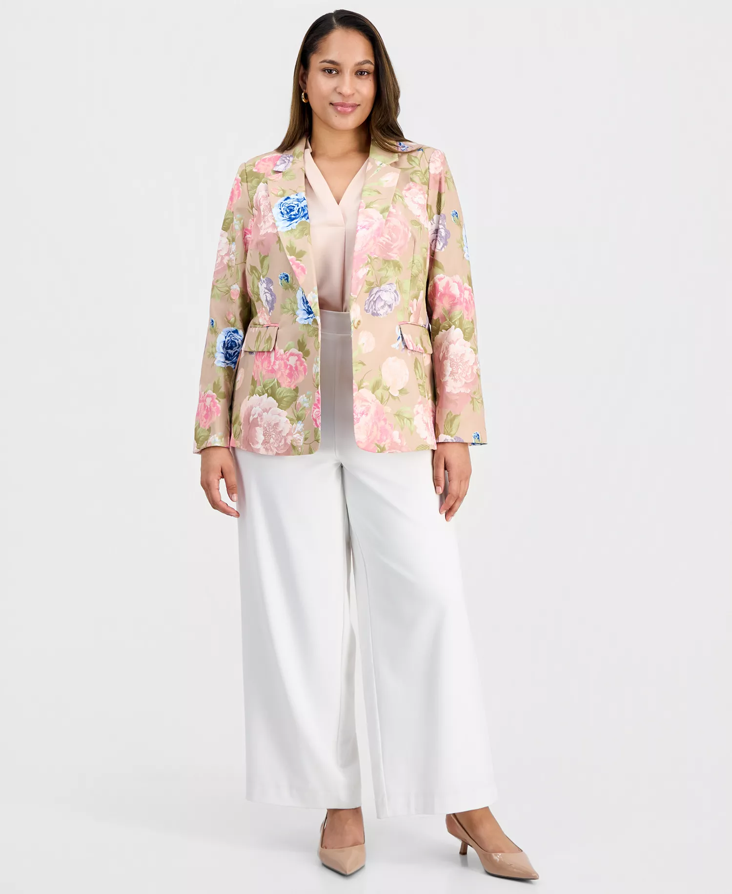 Plus Size Printed Notch-Lapel Satin Blazer - Taupe Multi - 14W