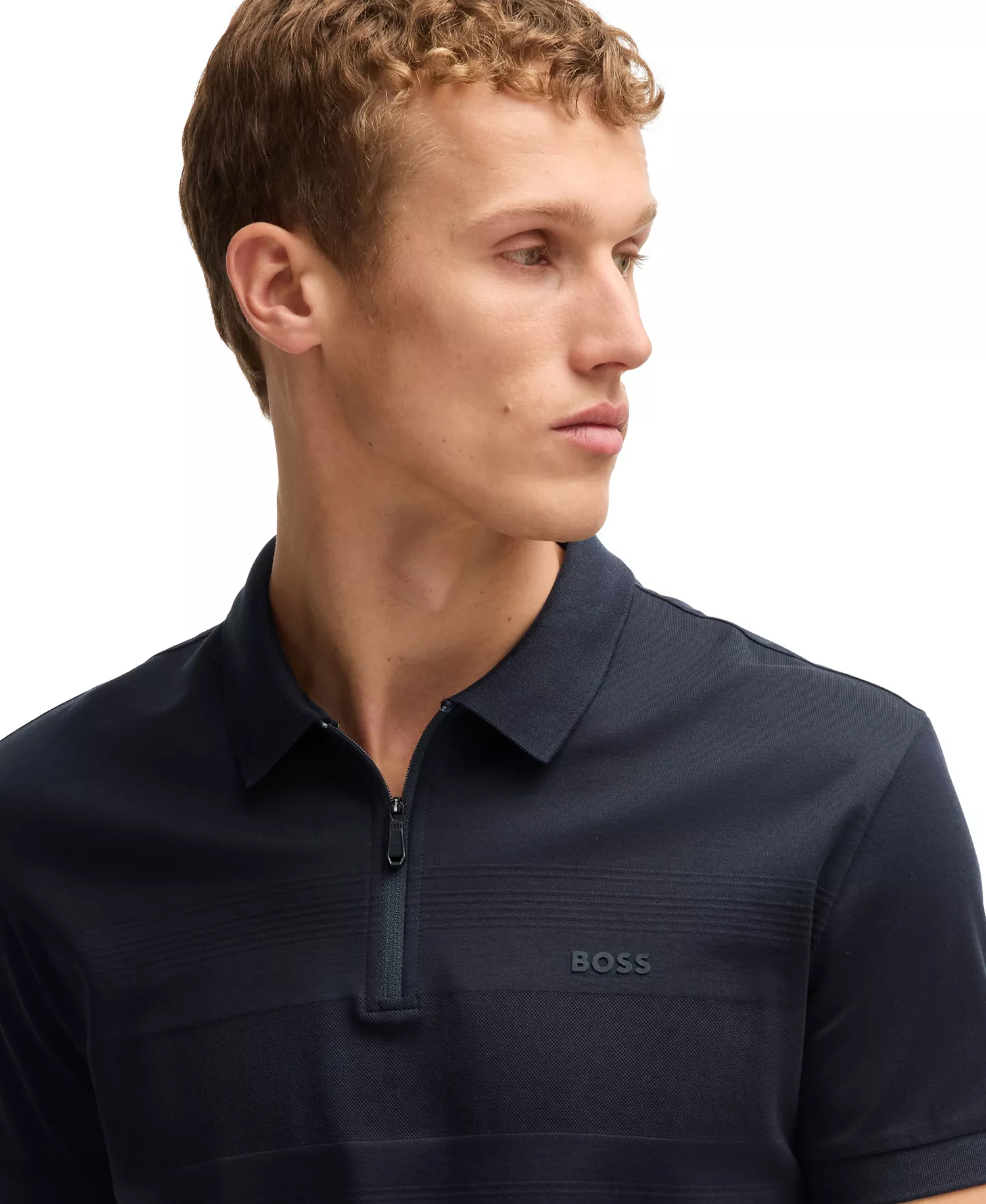 Men's Zip Neck Structured-Cotton Polo Shirt - Dark Blue - 2XL