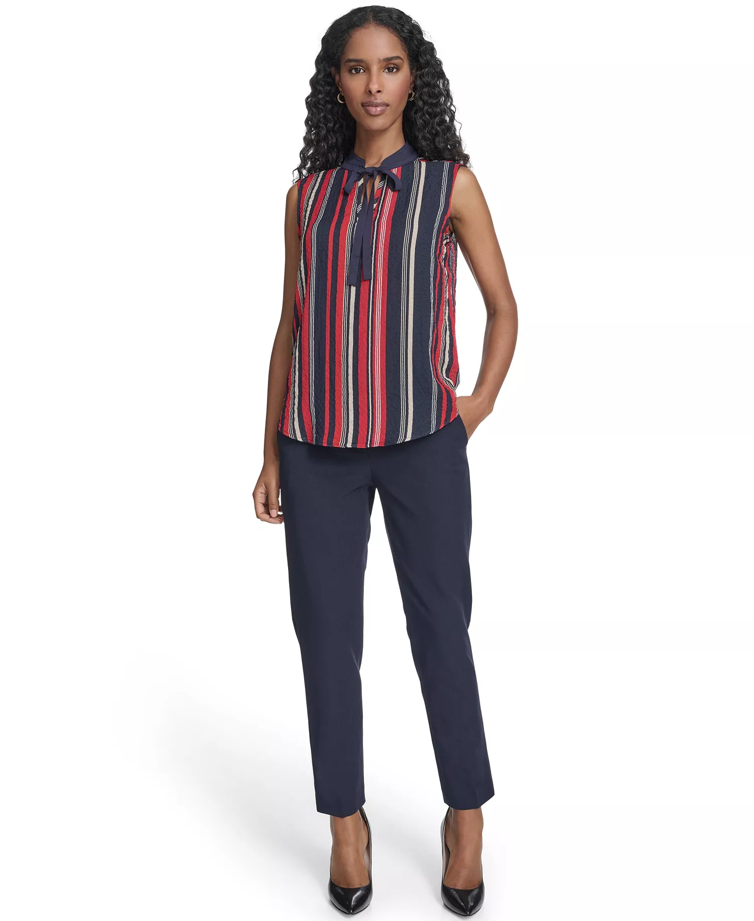 Women's Sleeveless Striped Tie V-Neck Blouse - Midnight/ Scarlet - L