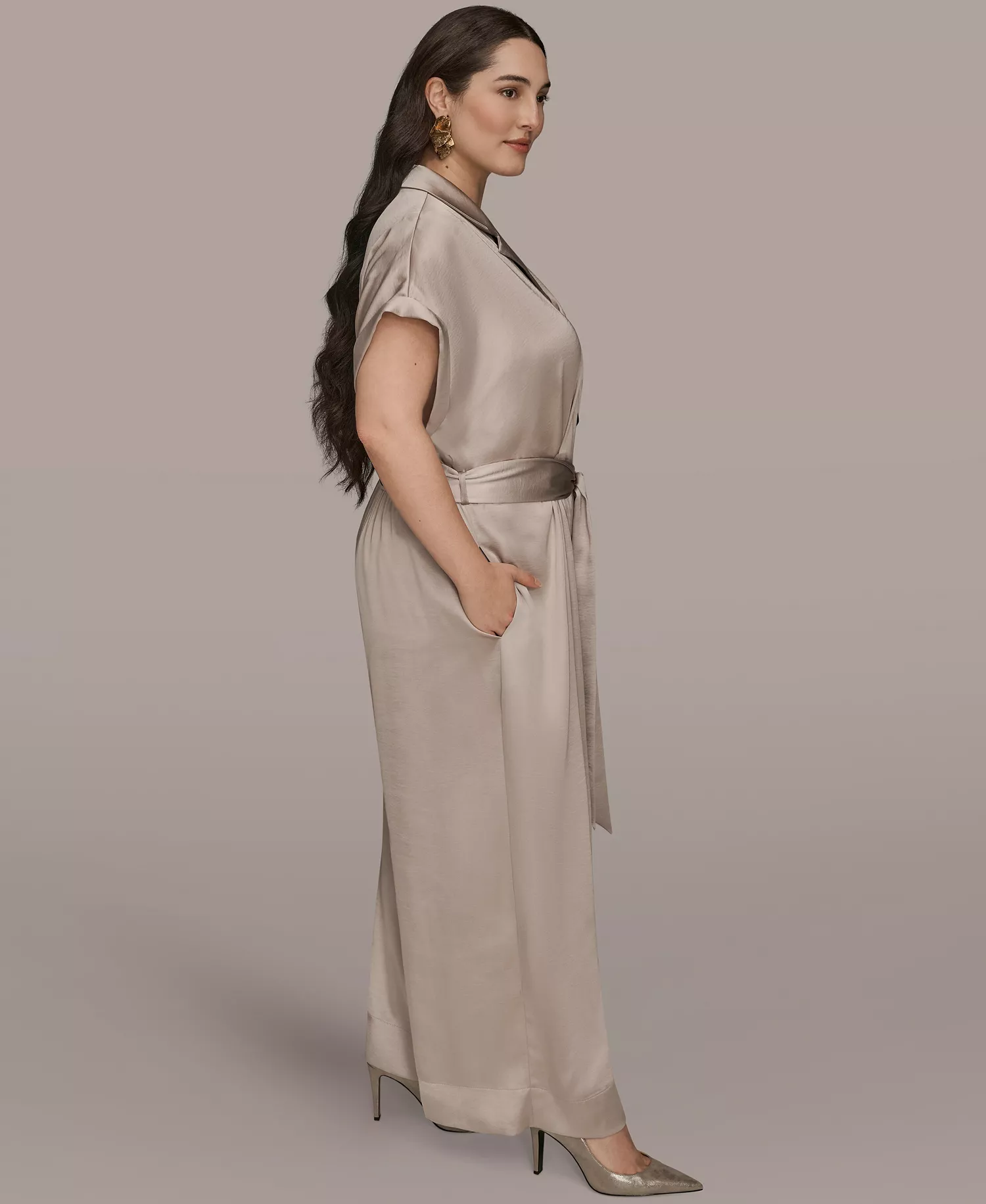 Plus Size Satin Collared Jumpsuit - Vapor - 14W