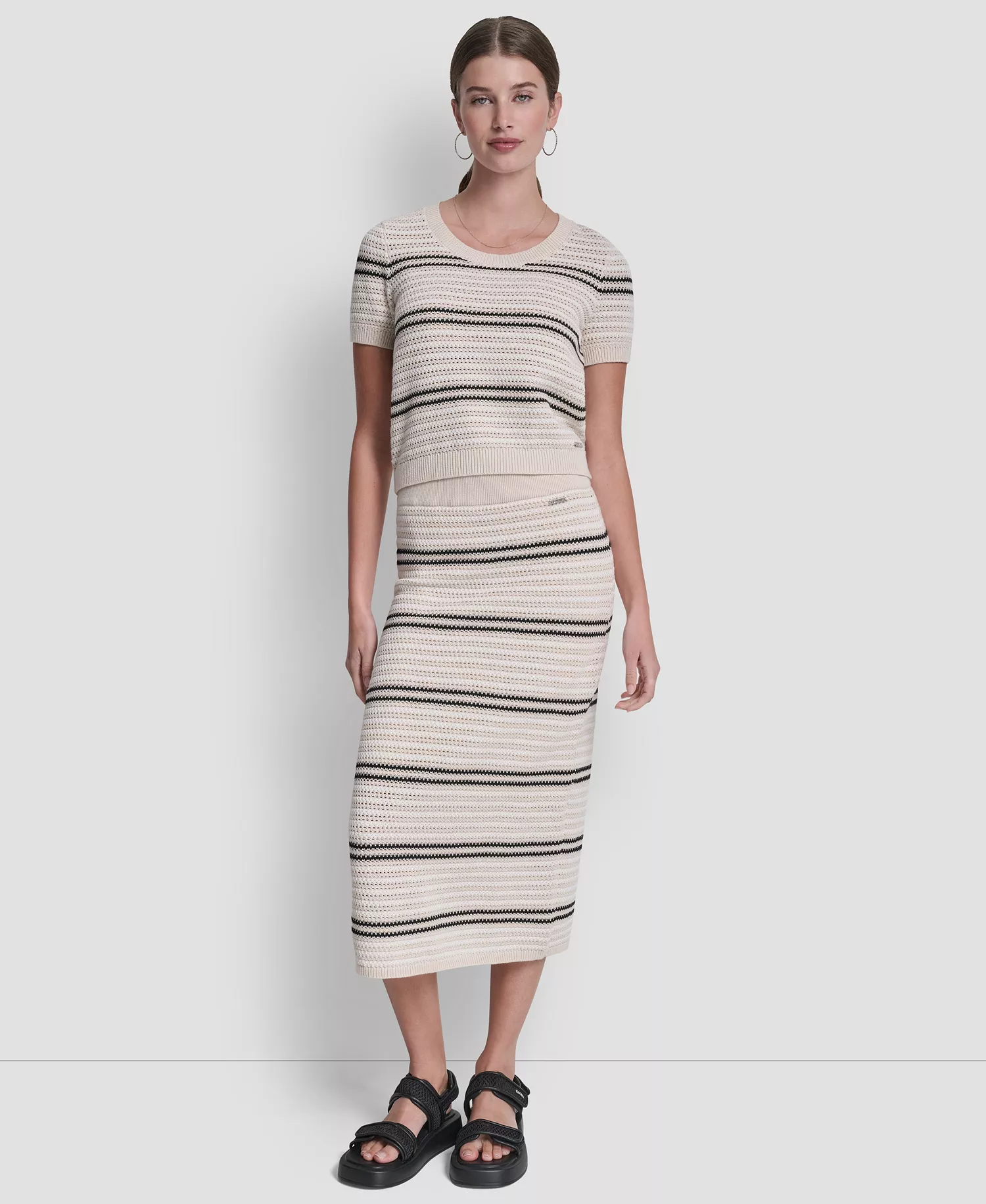 Women's Scoop Neck Striped Pointelle Sweater - Natural/ivory/black - L