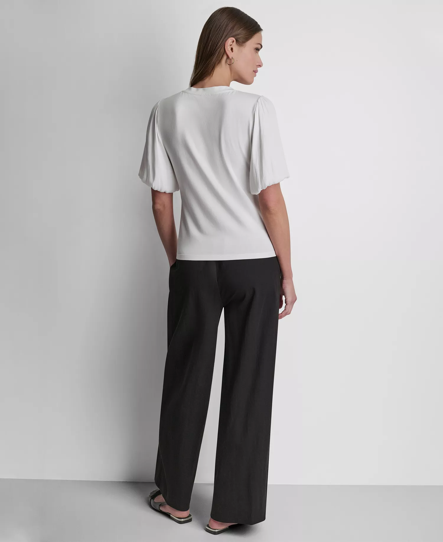 Women's Puffed Crew Neck Mix Media Knit Top - Black - L