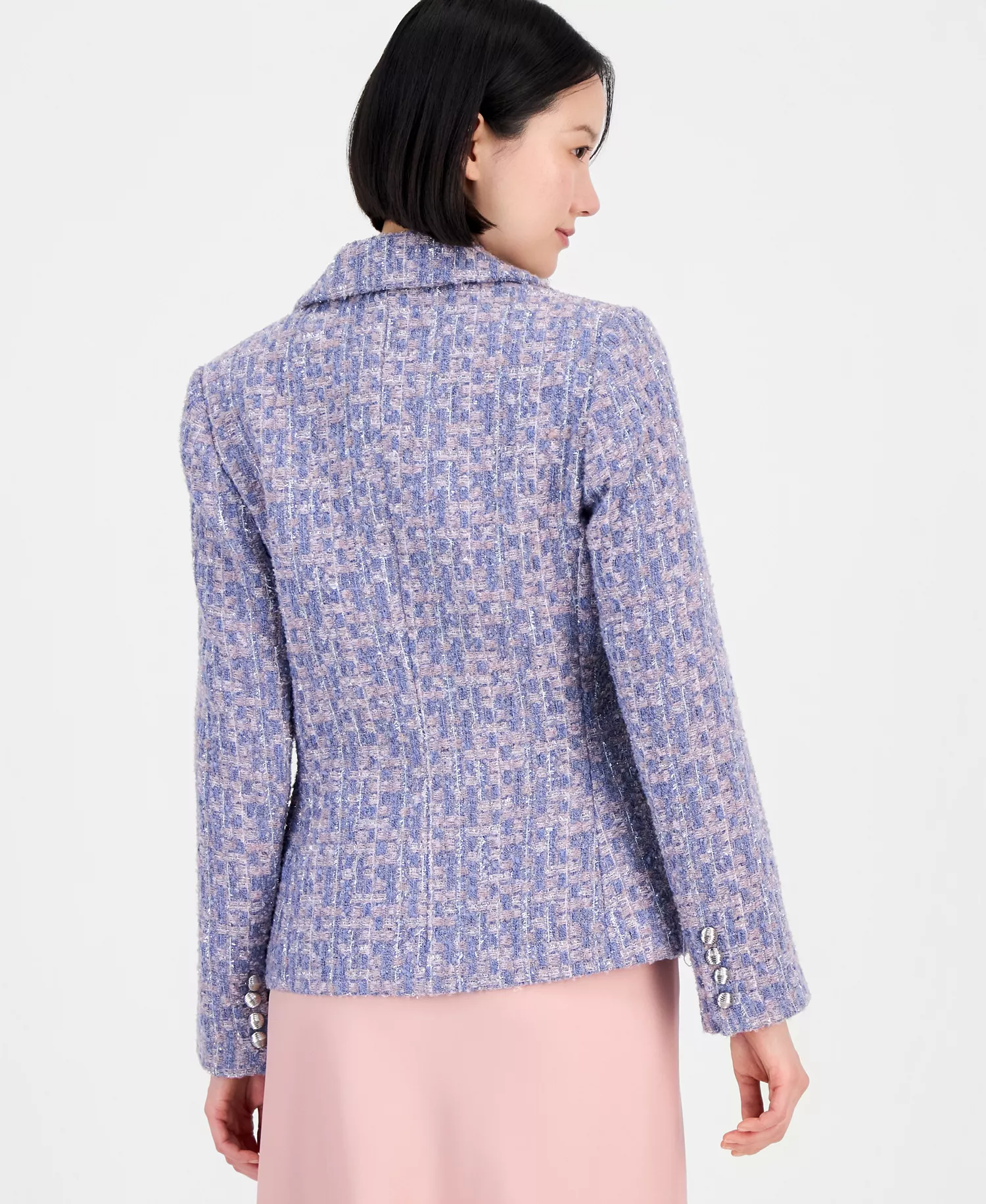 Women's Metallic Bouclé Peak Lapel Blazer - Blue Rose Silver - 10