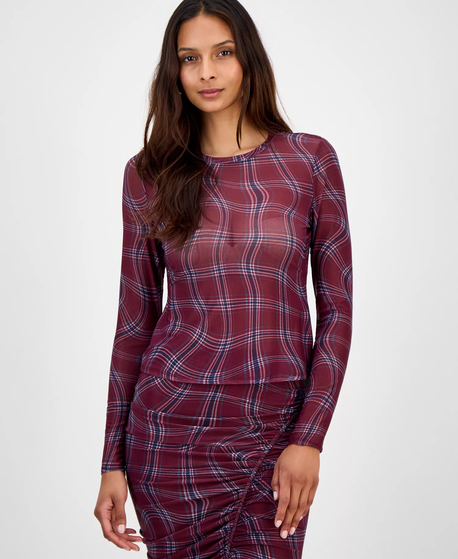 Women's Plaid Mesh Long-Sleeve Top, Macy's Exclusive - Dried Berry - XXS
