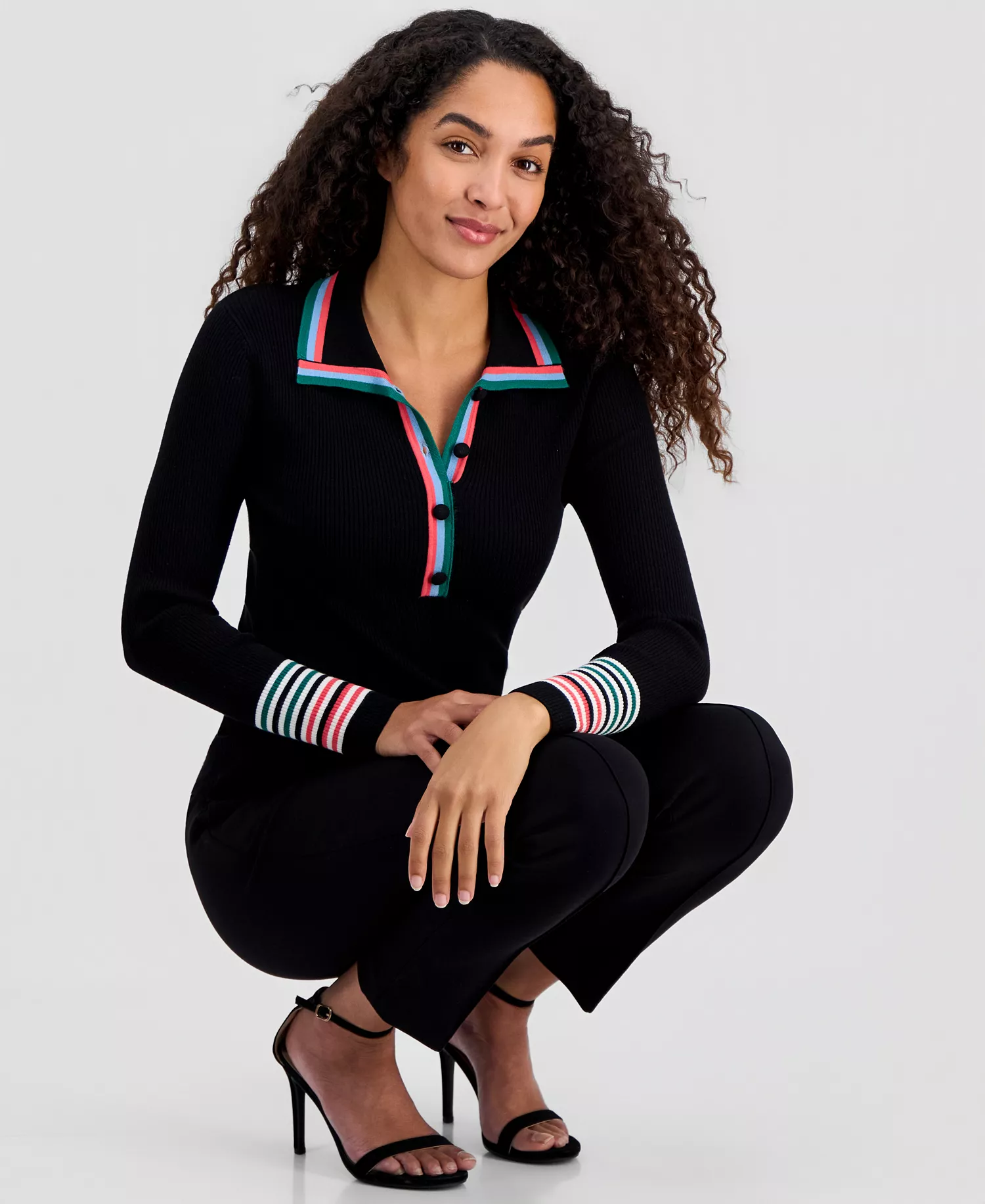 Women's Striped-Trim Collared Button Top - Black - M