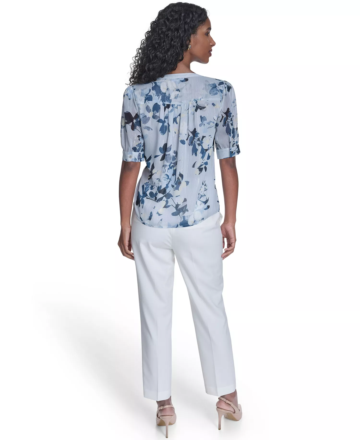 Petite Short-Sleeve Button Front Top - Mist/Double Cream - P/L