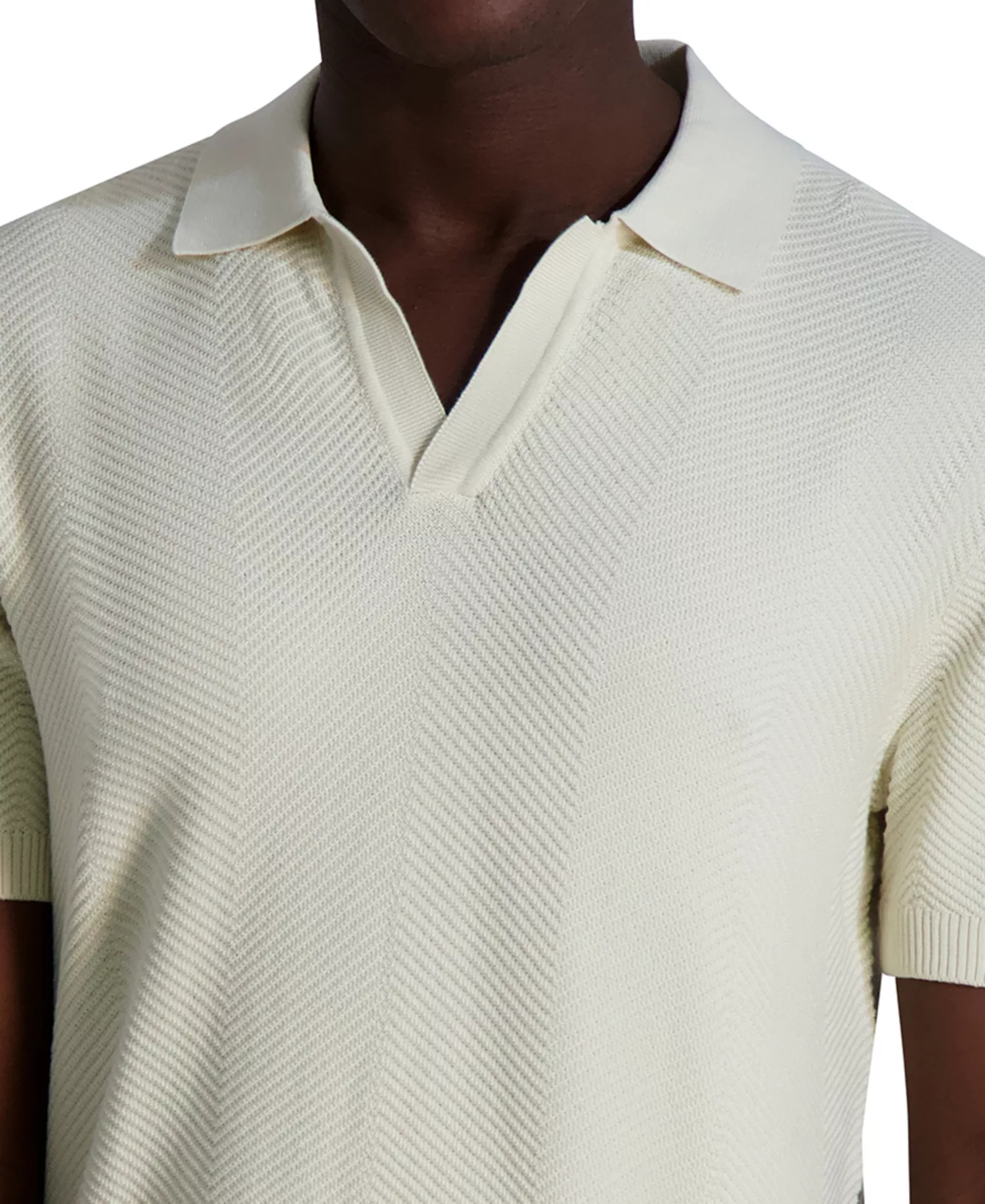 Men's Short Sleeve Textured Open Collar Polo Shirt - Natural - L