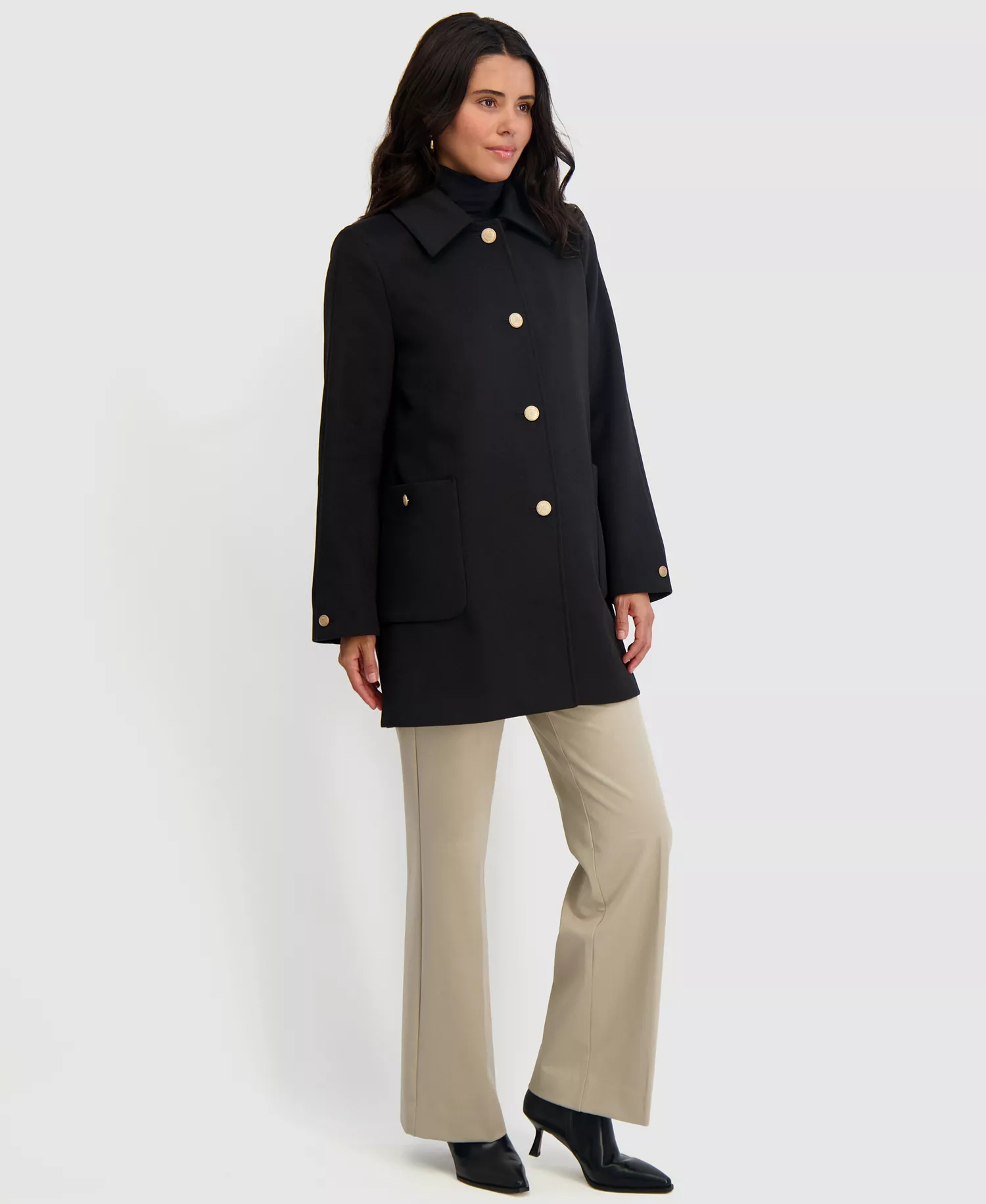 Women's Collared Single-Breasted Coat - Black - L