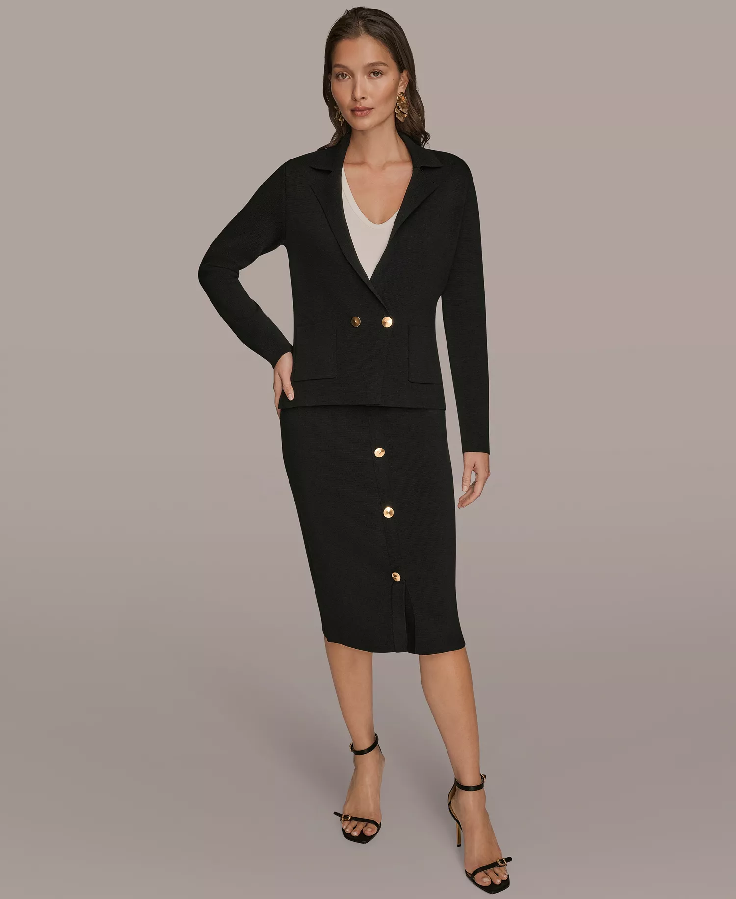 Women's Sweater Blazer & Skirt - Black - L
