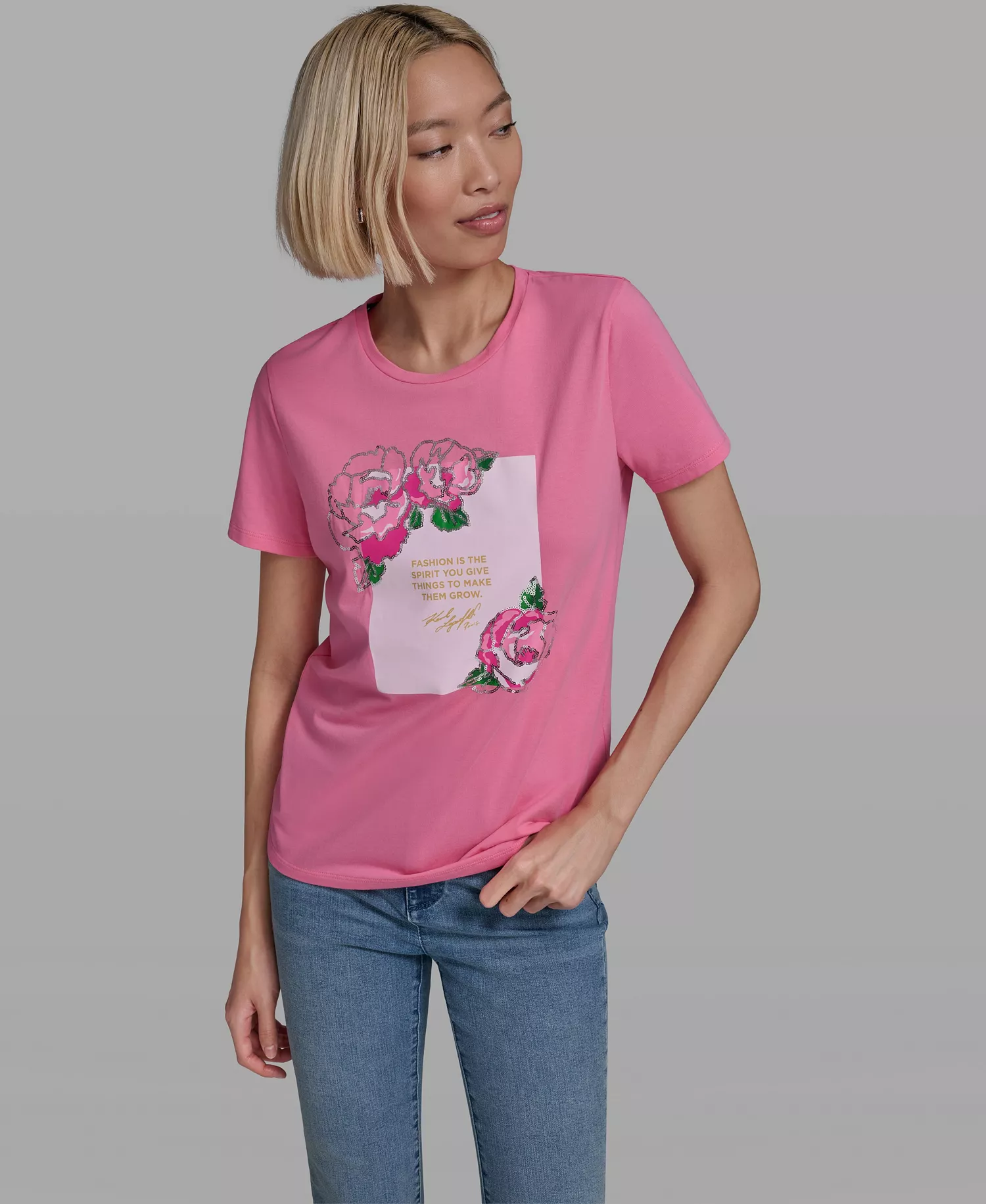 Women's Rose Print Crew Neck T-Shirt - Pink Carnation - L