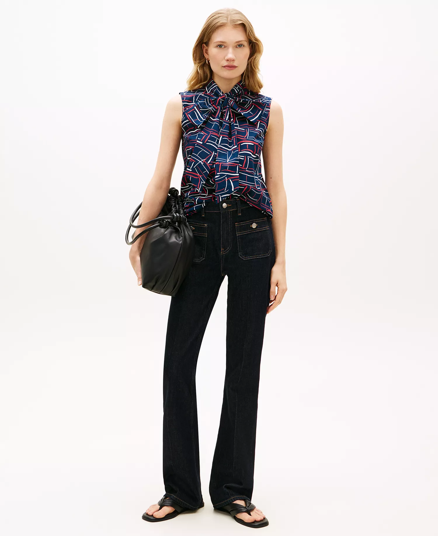 Women's Printed Bow Front Sleeveless Shirt - Blue - L