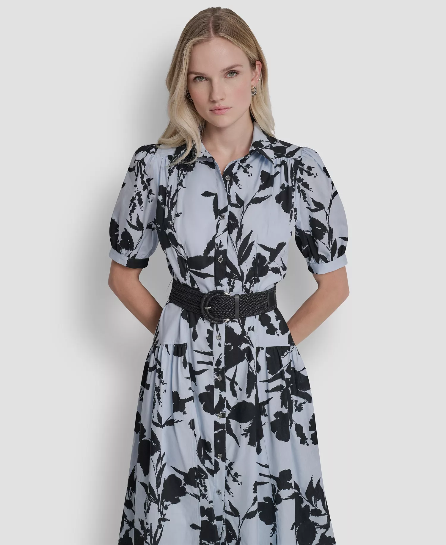 Petite Short-Sleeve Collared Belted Shirtdress - Skyway Blue/Black - 0P