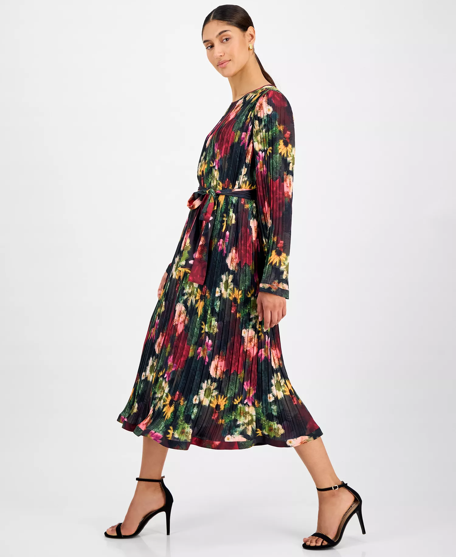 Women's Floral-Print Pleated Midi Dress - Midnight Garden - XS