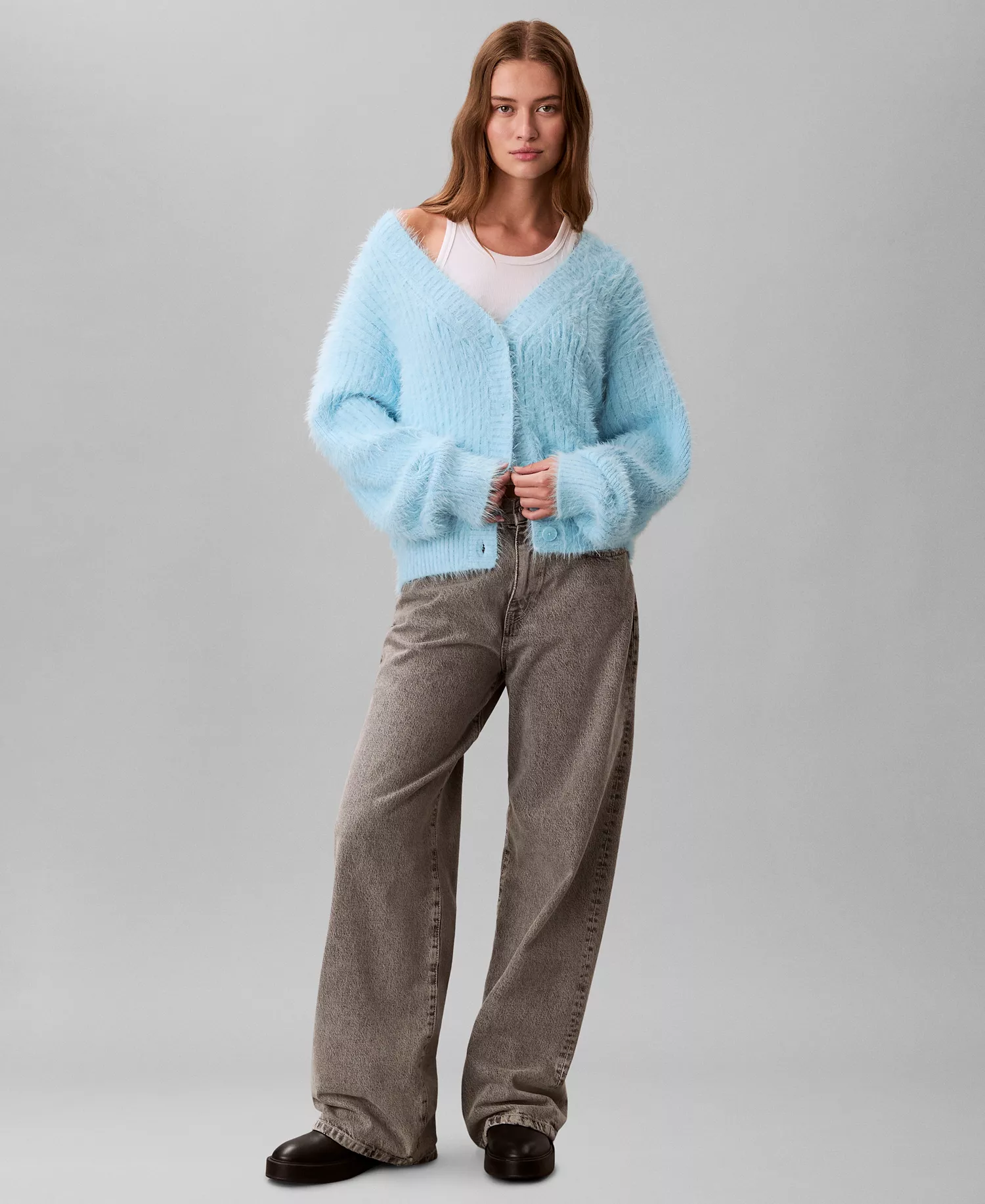 Women's Cropped Relaxed Long-Sleeve Cardigan - Blue Freeze - L