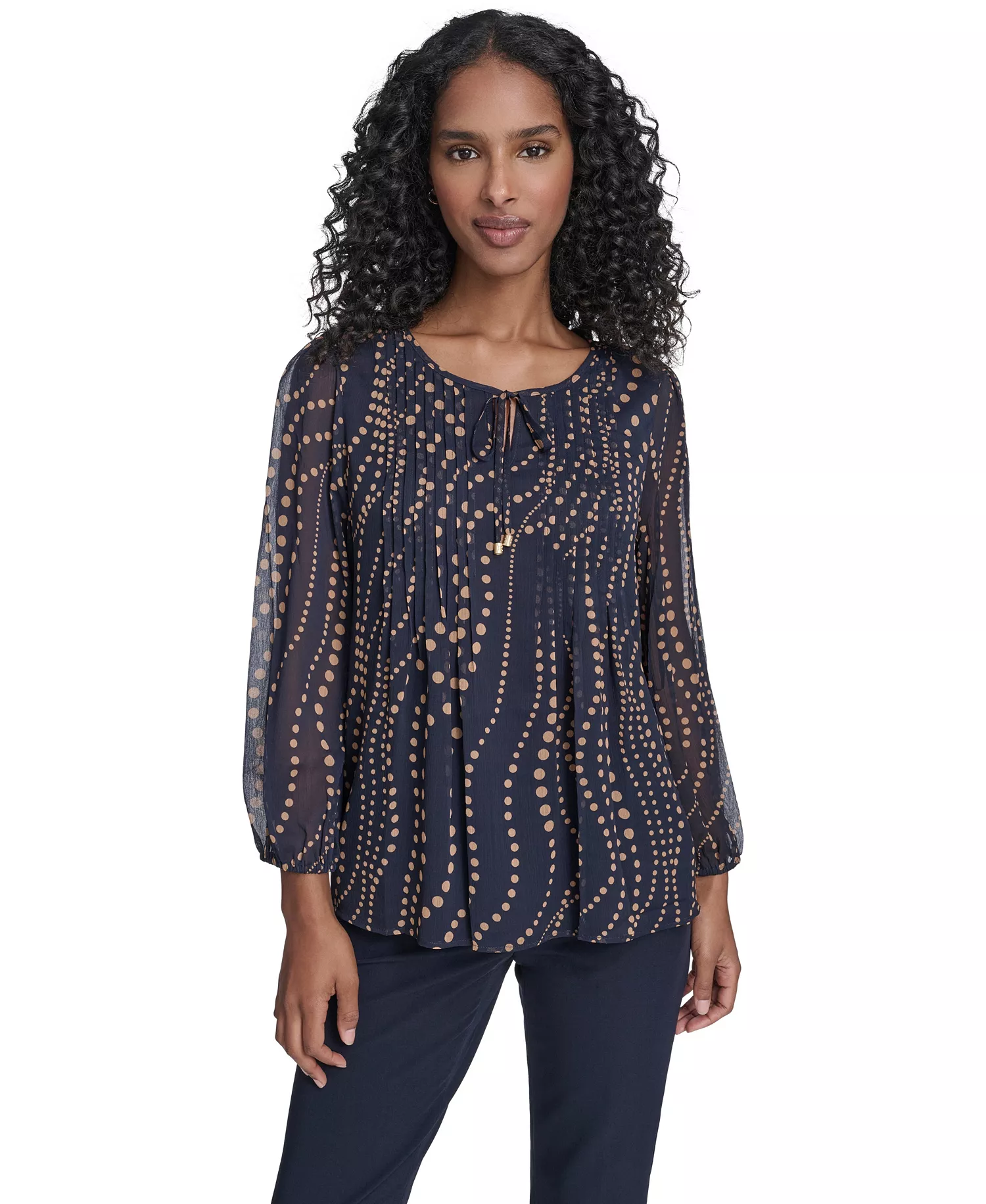 Women's Cascade Dot Pintuck Long Sleeve Blouse - Midnight/ Brown Sugar - L