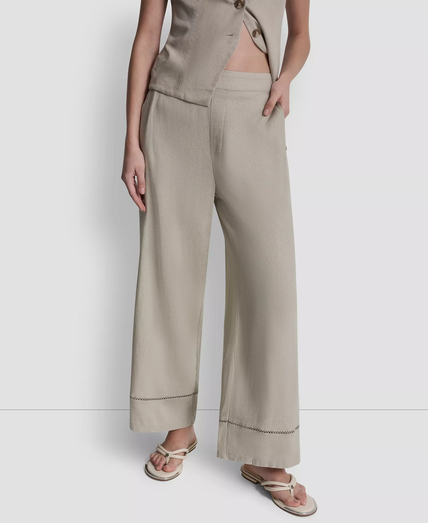 Women's High Rise Linen-Blend Pull-On Wide Leg Ankle Pants - Ivory - L
