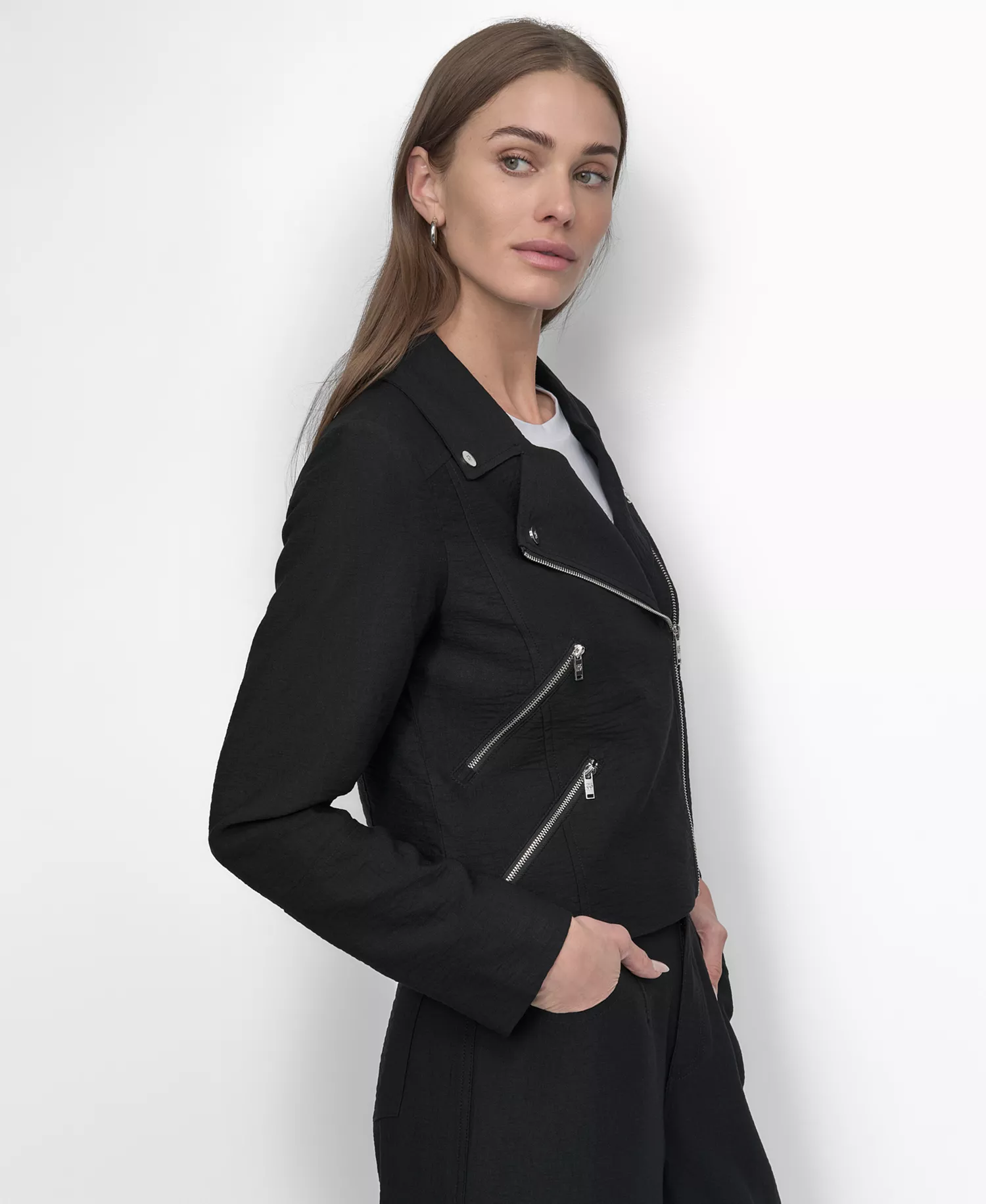 Women's Zipper Detailed Crinkle Jacket - Black - L