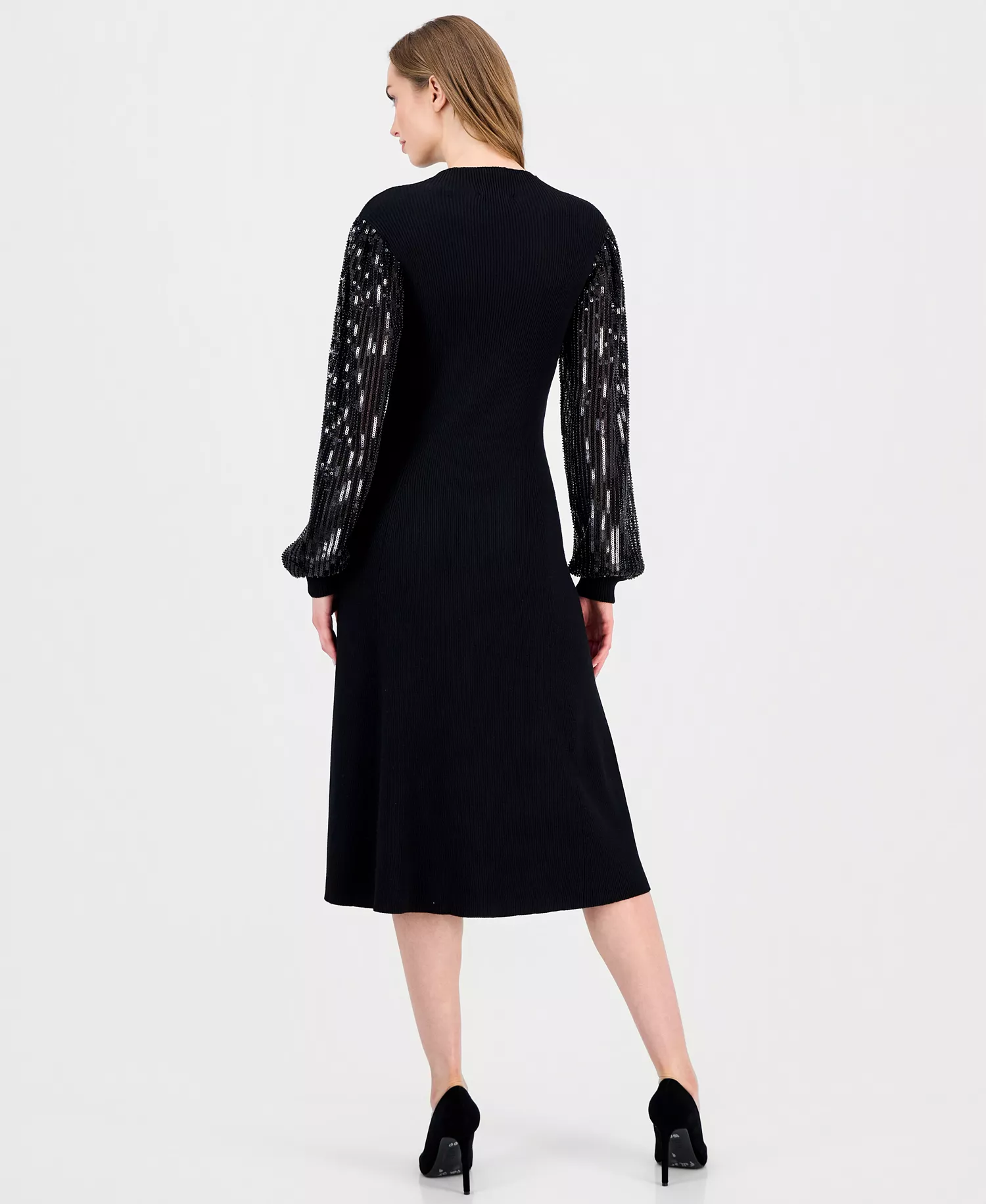 Women's Embellished-Sleeve Ribbed Dress - Black / Black Sequin - M