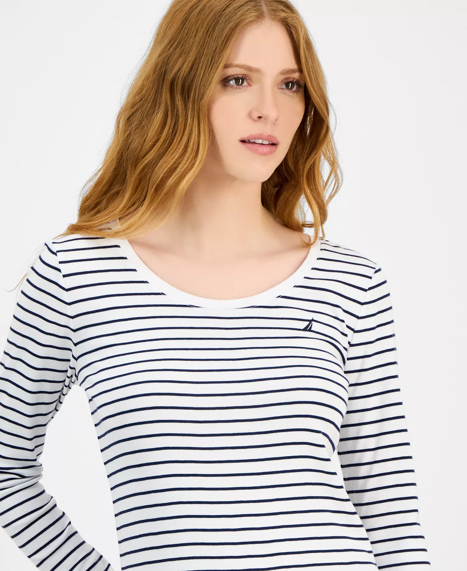 Jeans Women's Cotton Striped Scoop-Neck T-Shirt - Bright White/ Night Sky - L