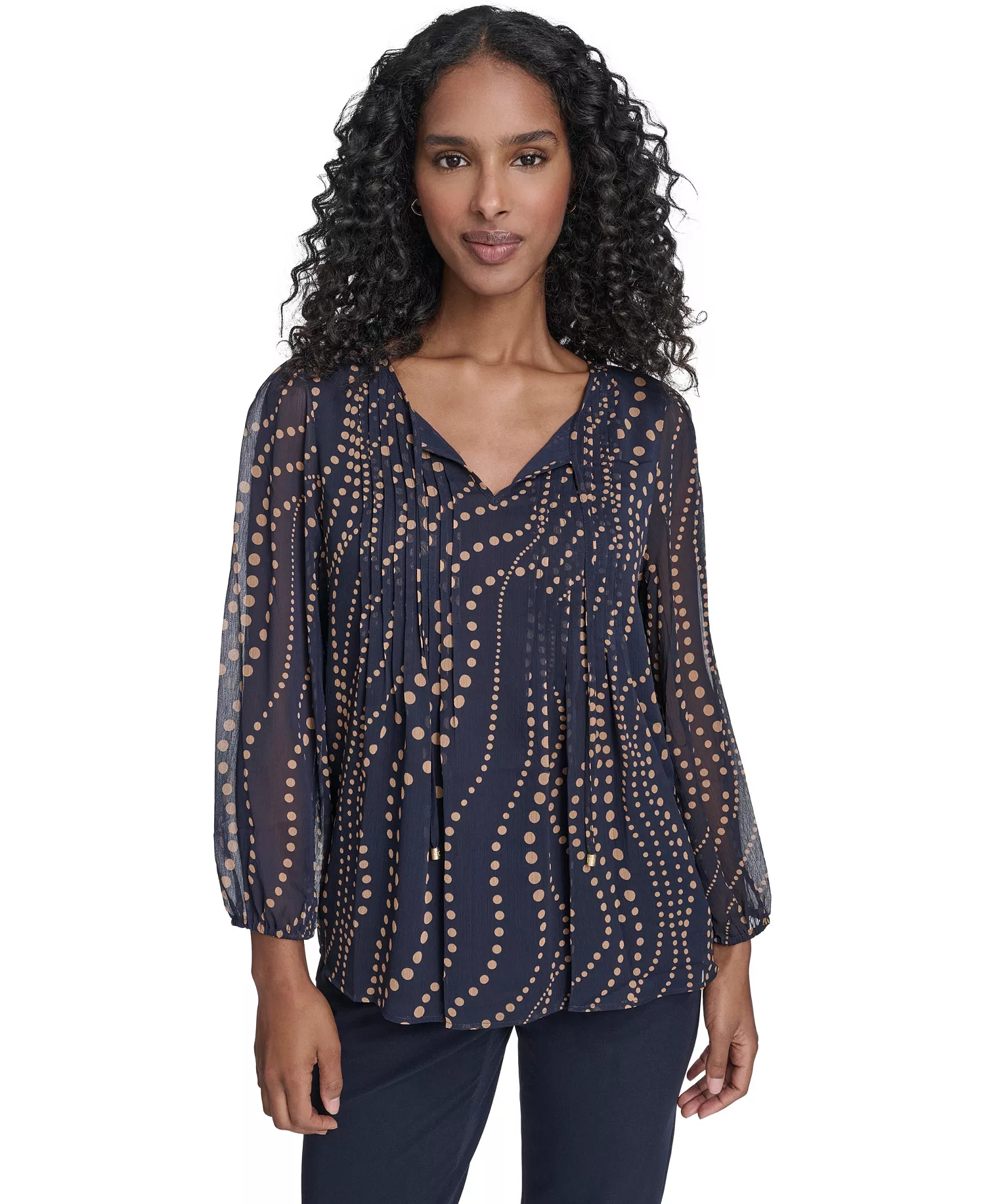 Women's Cascade Dot Pintuck Long Sleeve Blouse - Midnight/ Brown Sugar - L