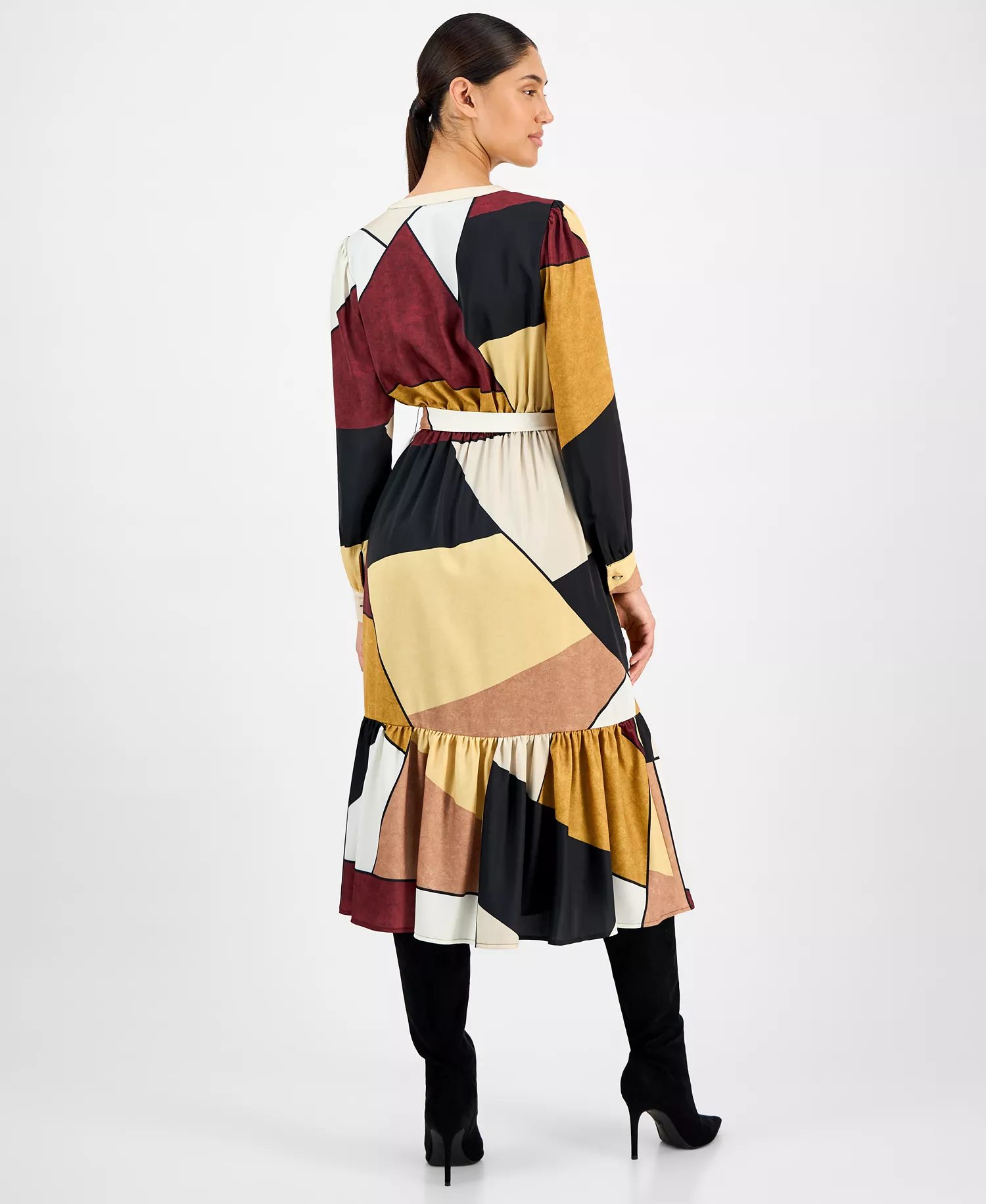 Women's Printed Button-Front Midi Dress - Sueded Blocks - L