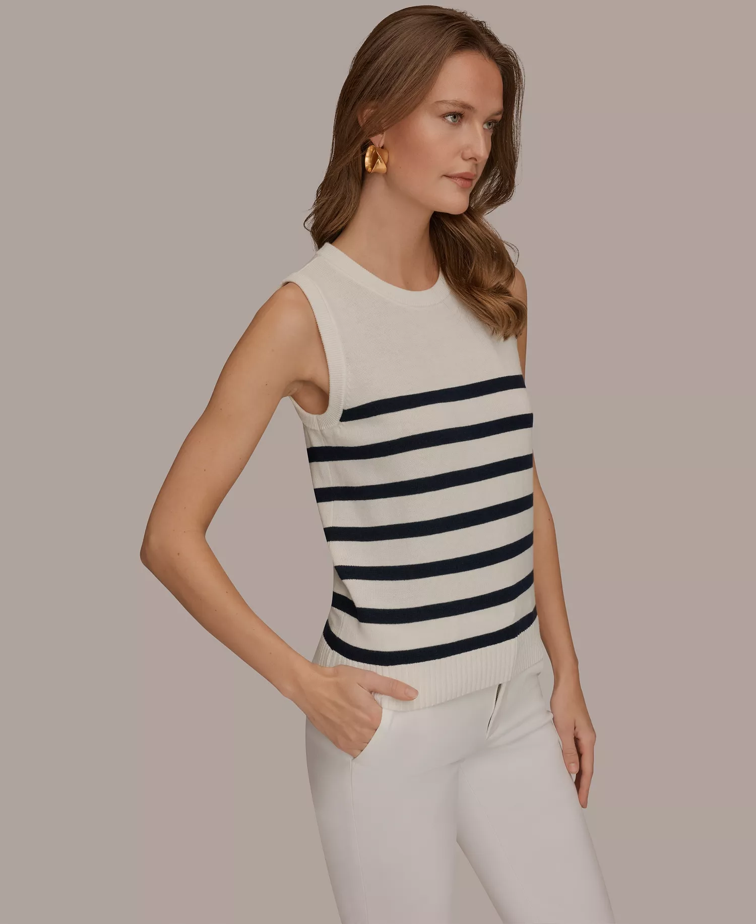 Women's Cotton Cashmere Striped Sleeveless Sweater - Cream/nightfall - L