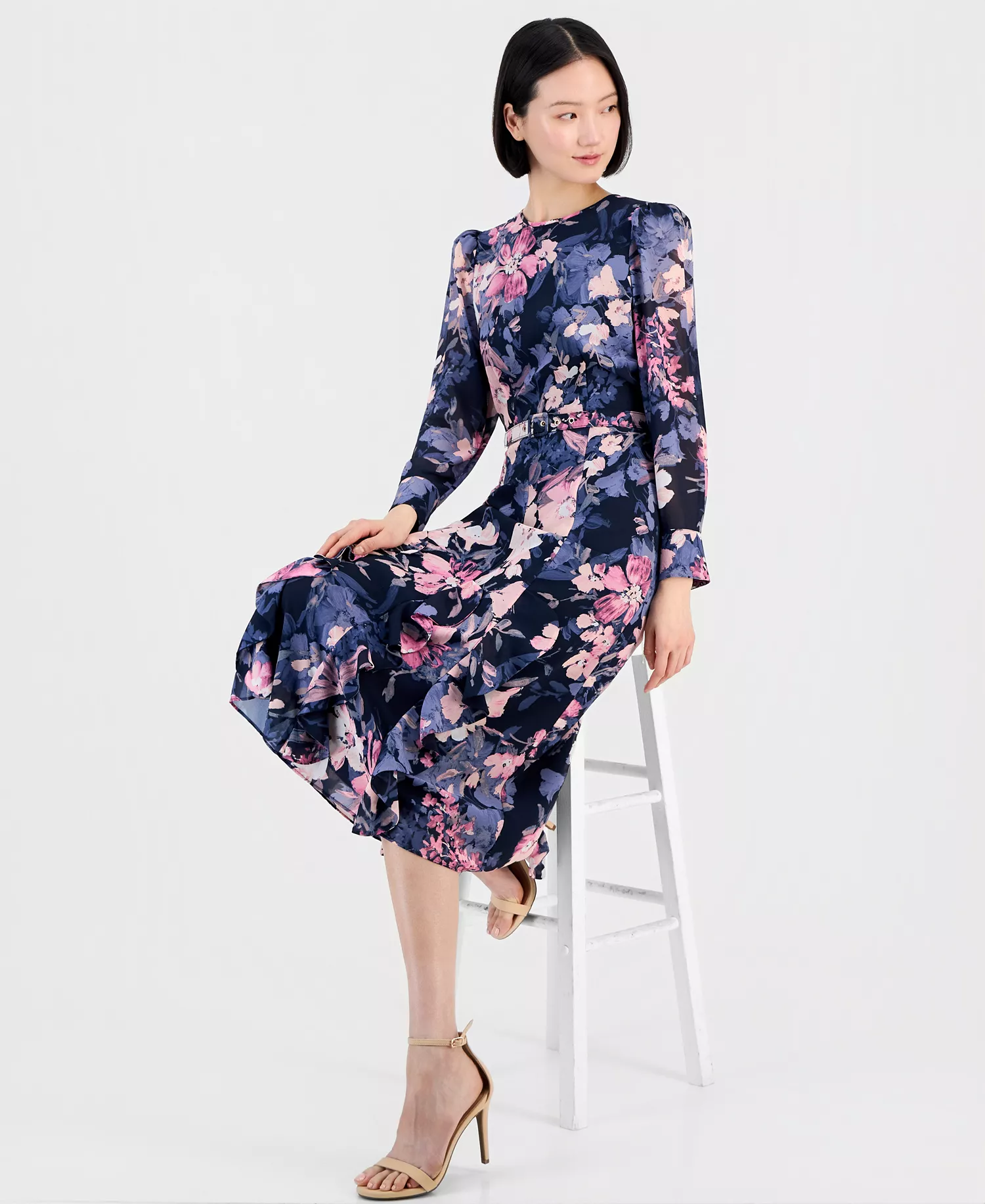 Women's Floral Long-Sleeve Ruffled Dress - Navy Peri Floral - 10